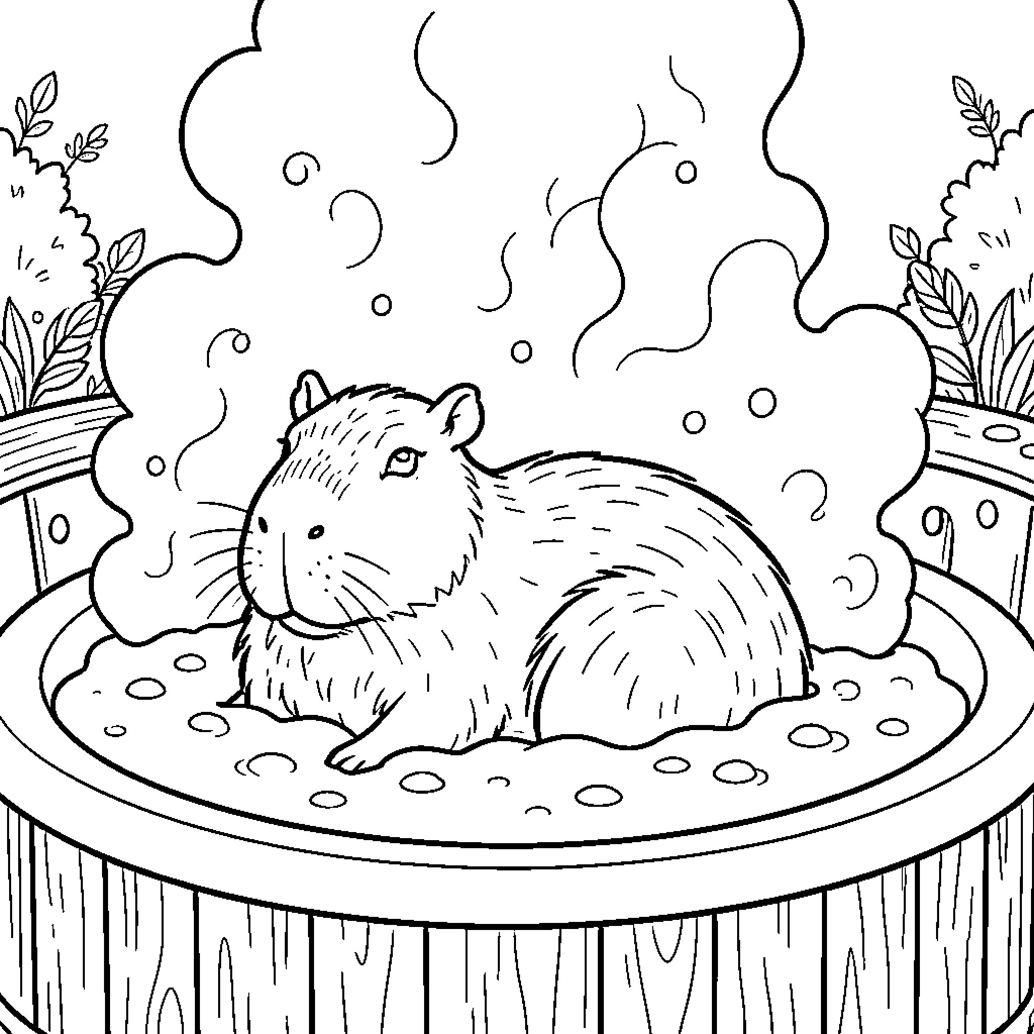 Capybara relaxing in a steaming hot tub Coloring Page (free black-and-white line drawing printable PDF for all, from beginners to advanced learners, including children, teens, adults, and seniors)