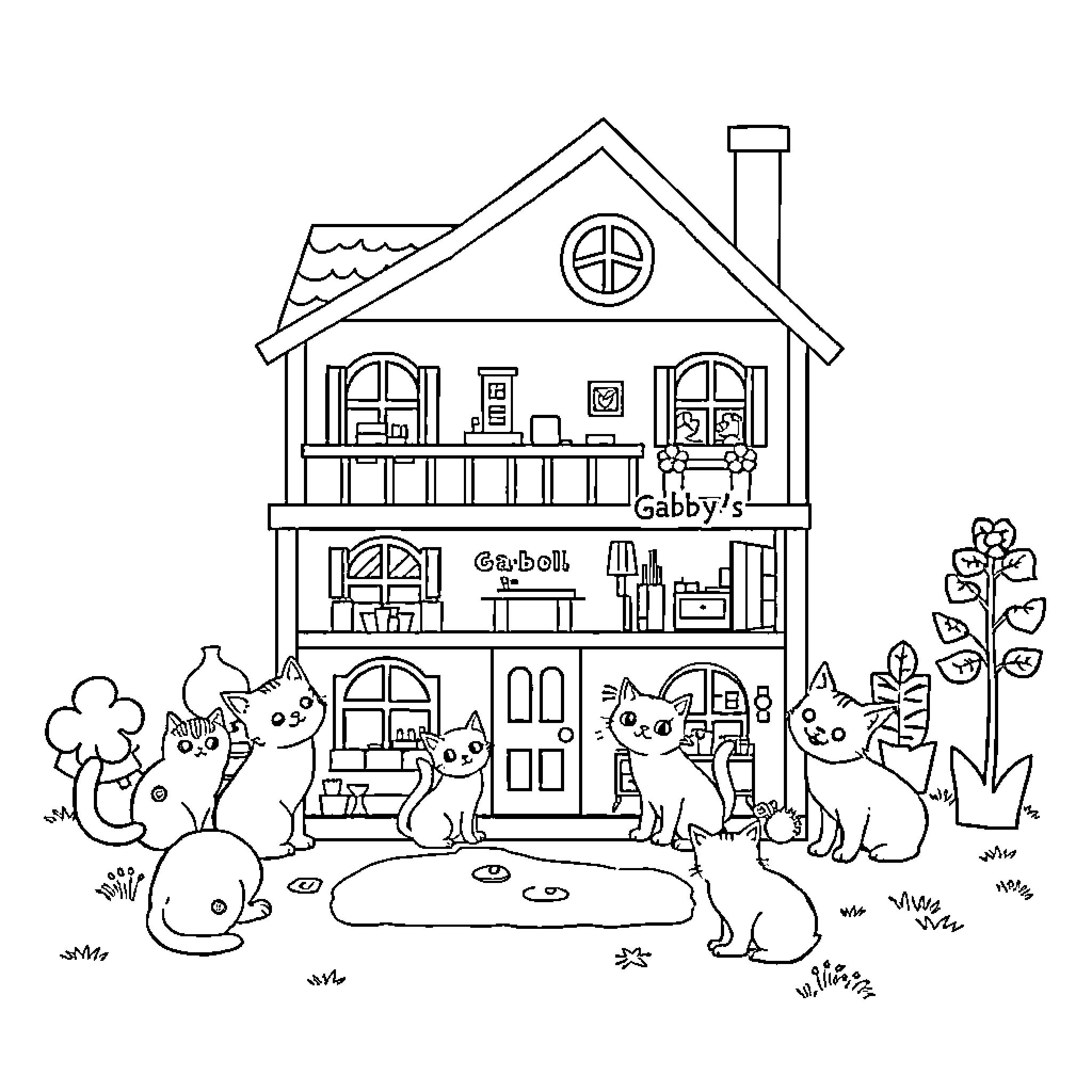 Cat dwelling with various animals Coloring Page (free black-and-white line drawing printable PDF for all, from beginners to advanced learners, including children, teens, adults, and seniors)