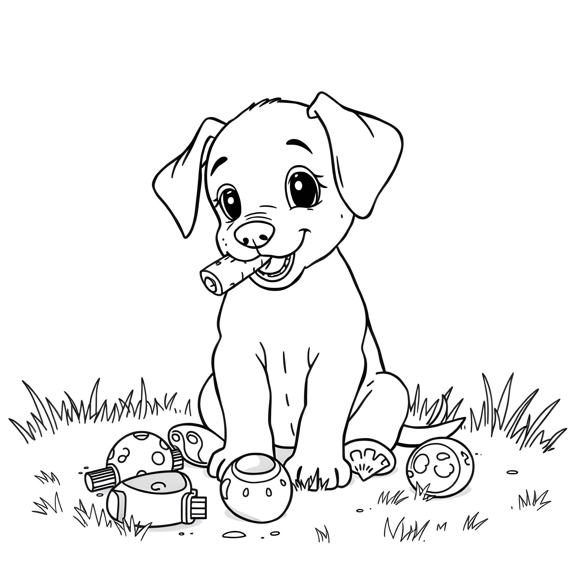 Puppy playing with toys in the park Coloring Page (free black-and-white line drawing printable PDF for all, from beginners to advanced learners, including children, teens, adults, and seniors)