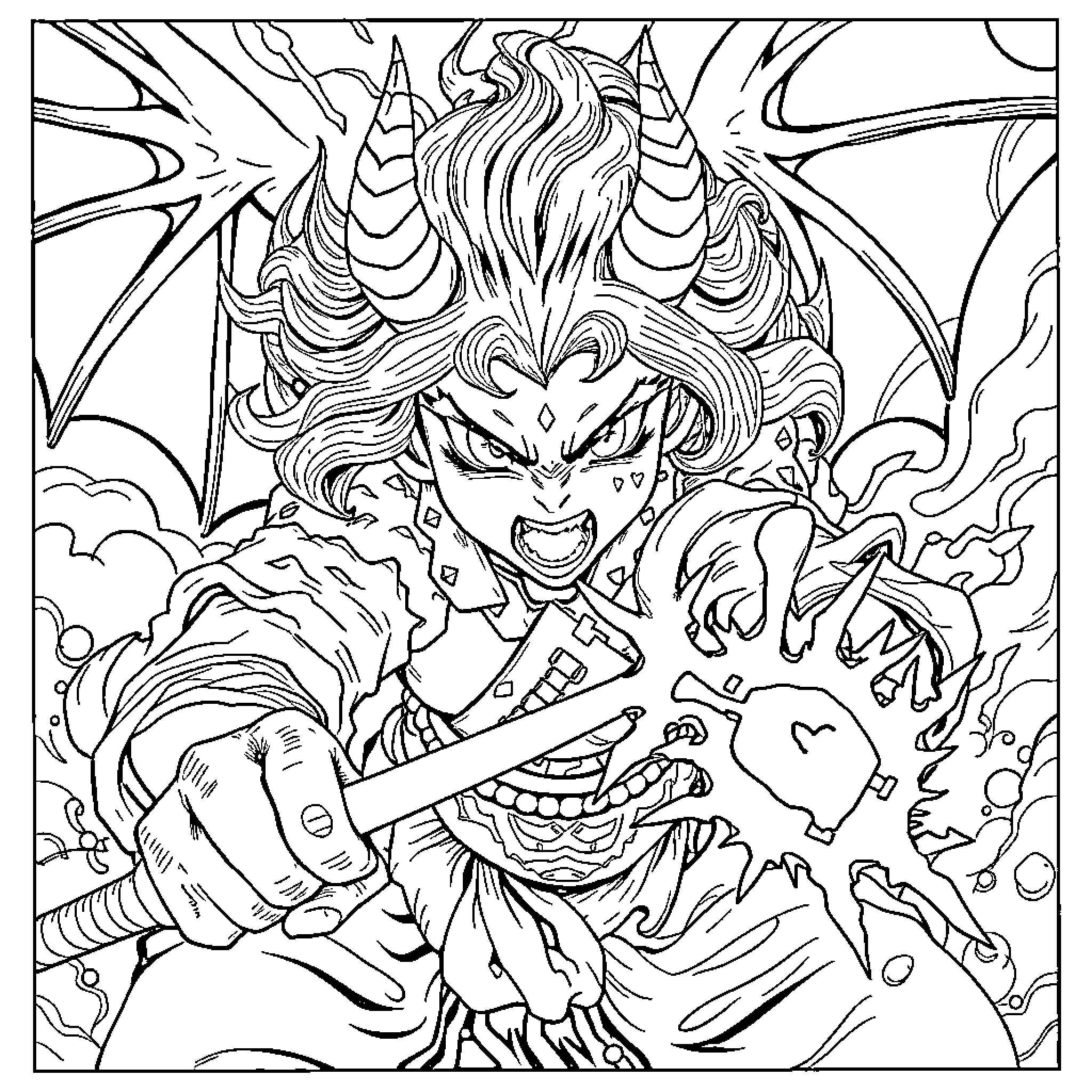 Nezuko's Fierce Transformation and Battle Coloring Page (free black-and-white line drawing printable PDF for all, from beginners to advanced learners, including children, teens, adults, and seniors)