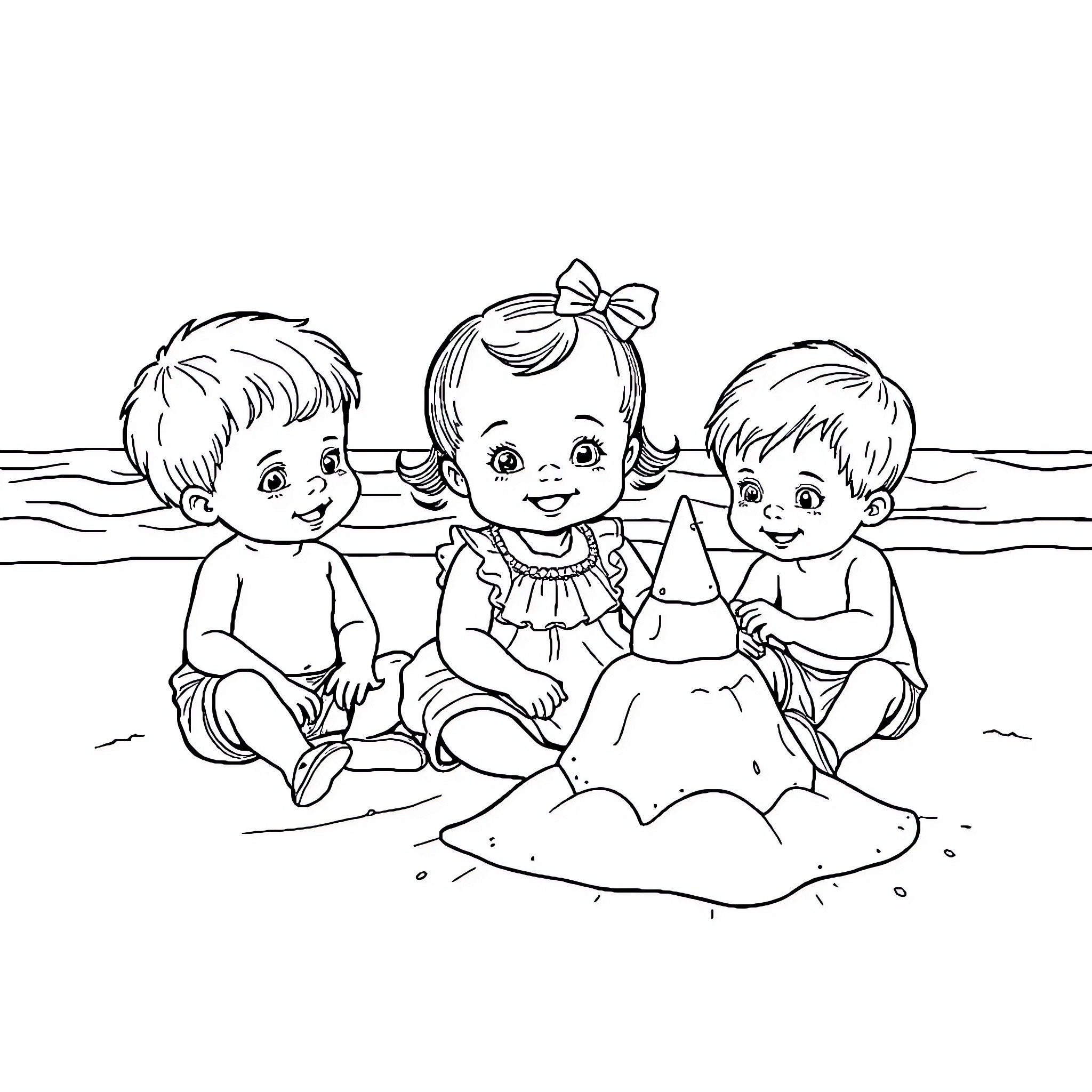 Baby Girl Playing with Friends on the Beach Coloring Page (free black-and-white line drawing printable PDF for all, from beginners to advanced learners, including children, teens, adults, and seniors)
