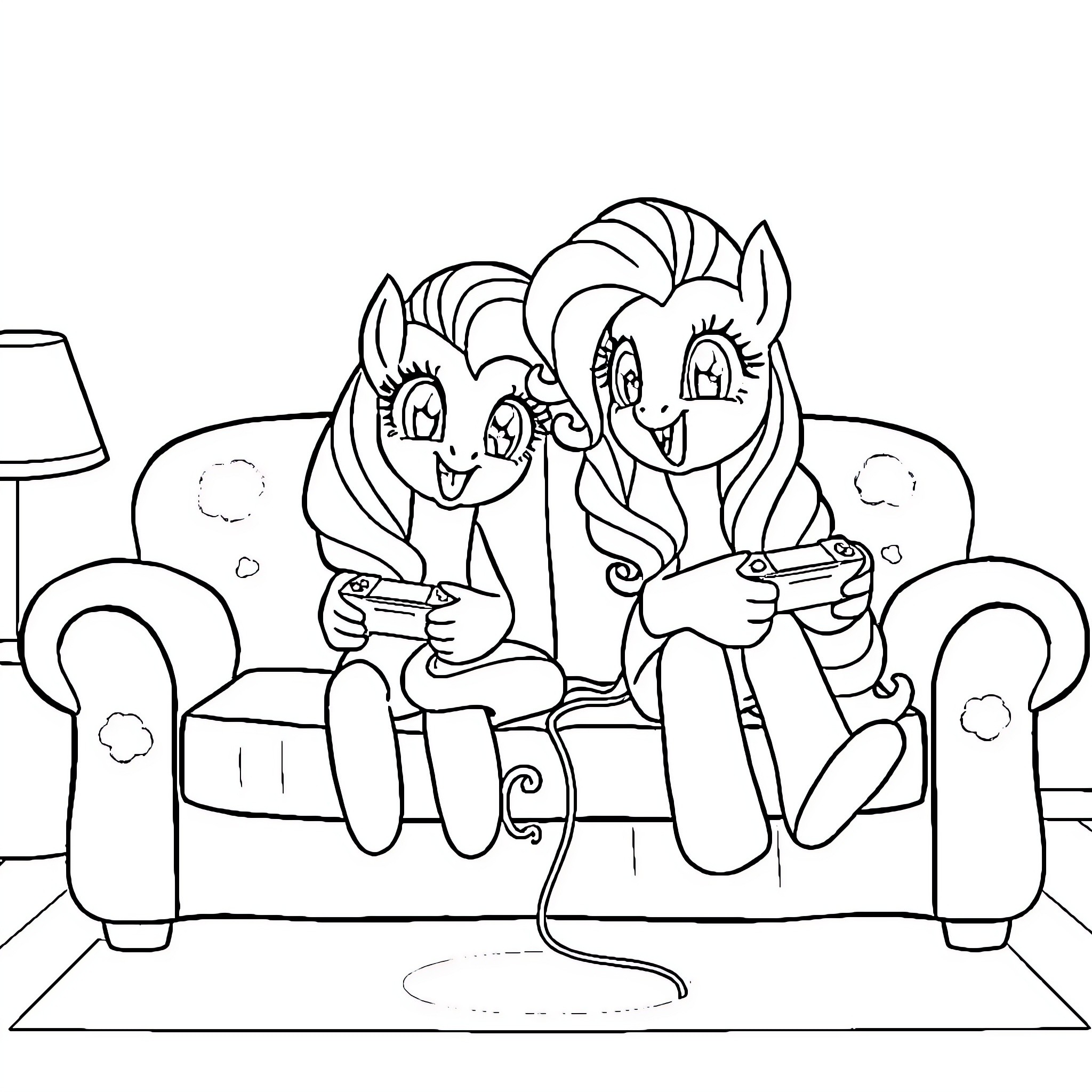 Bluey Friends Enjoying Video Game Session Coloring Page (free black-and-white line drawing printable PDF for all, from beginners to advanced learners, including children, teens, adults, and seniors)