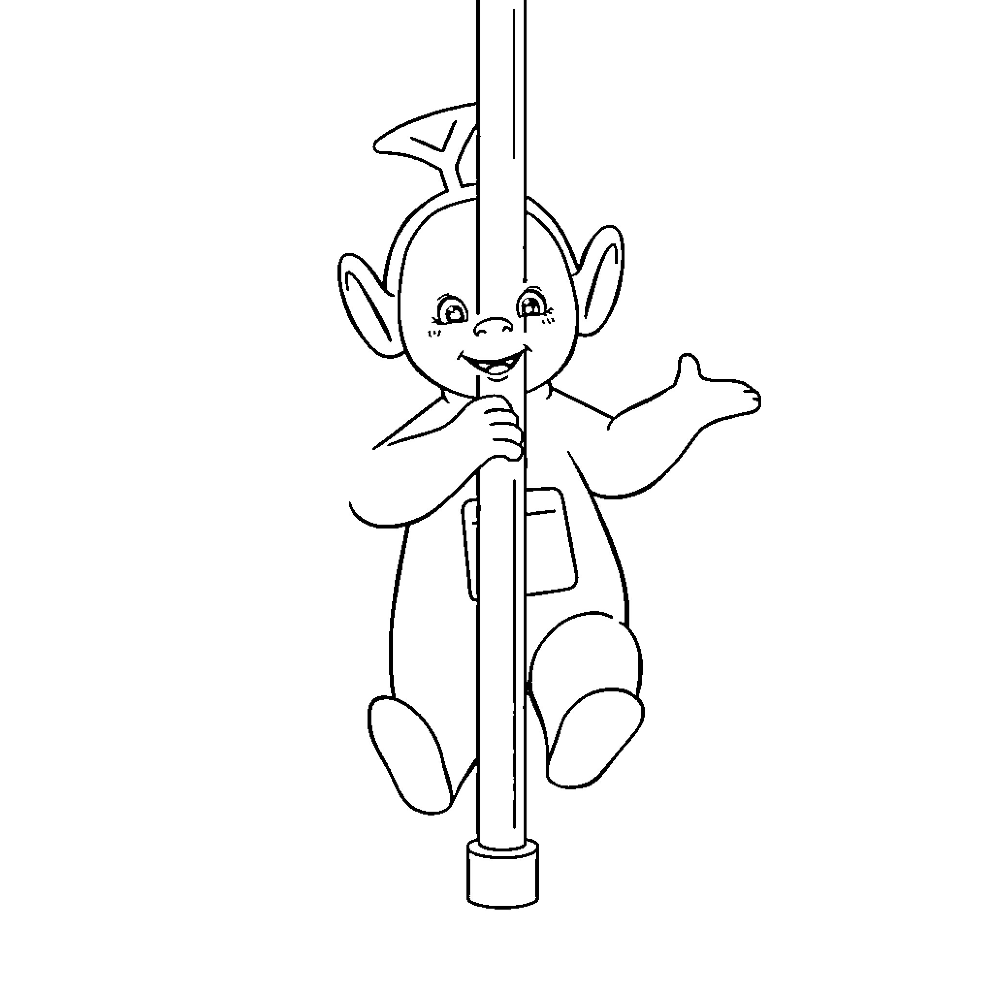 Teletubbie playing on a swing Coloring Page (free black-and-white line drawing printable PDF for all, from beginners to advanced learners, including children, teens, adults, and seniors)