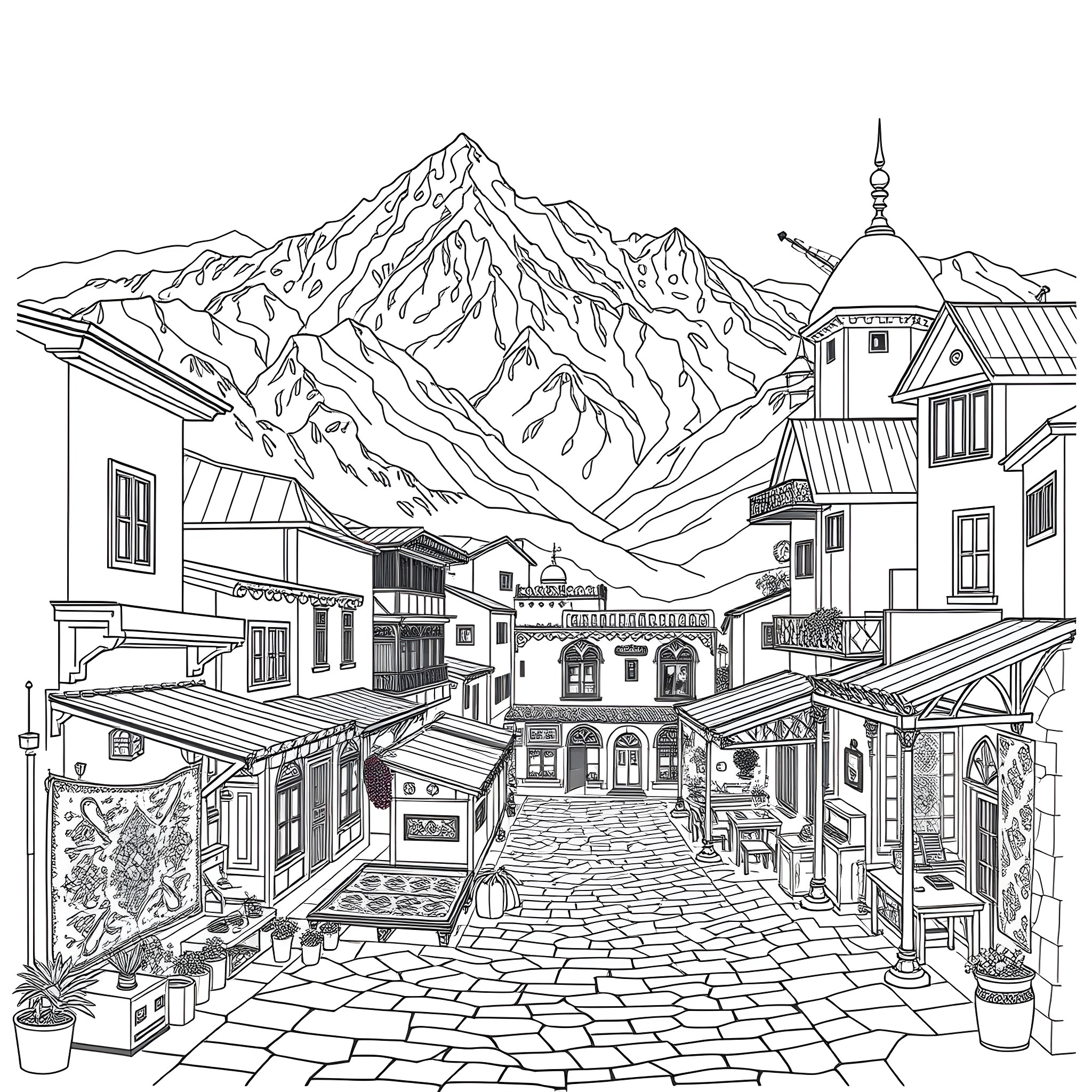Afghanistan Mountain Village Scenic Landscape Coloring Page (free black-and-white line drawing printable PDF for all, from beginners to advanced learners, including children, teens, adults, and seniors)