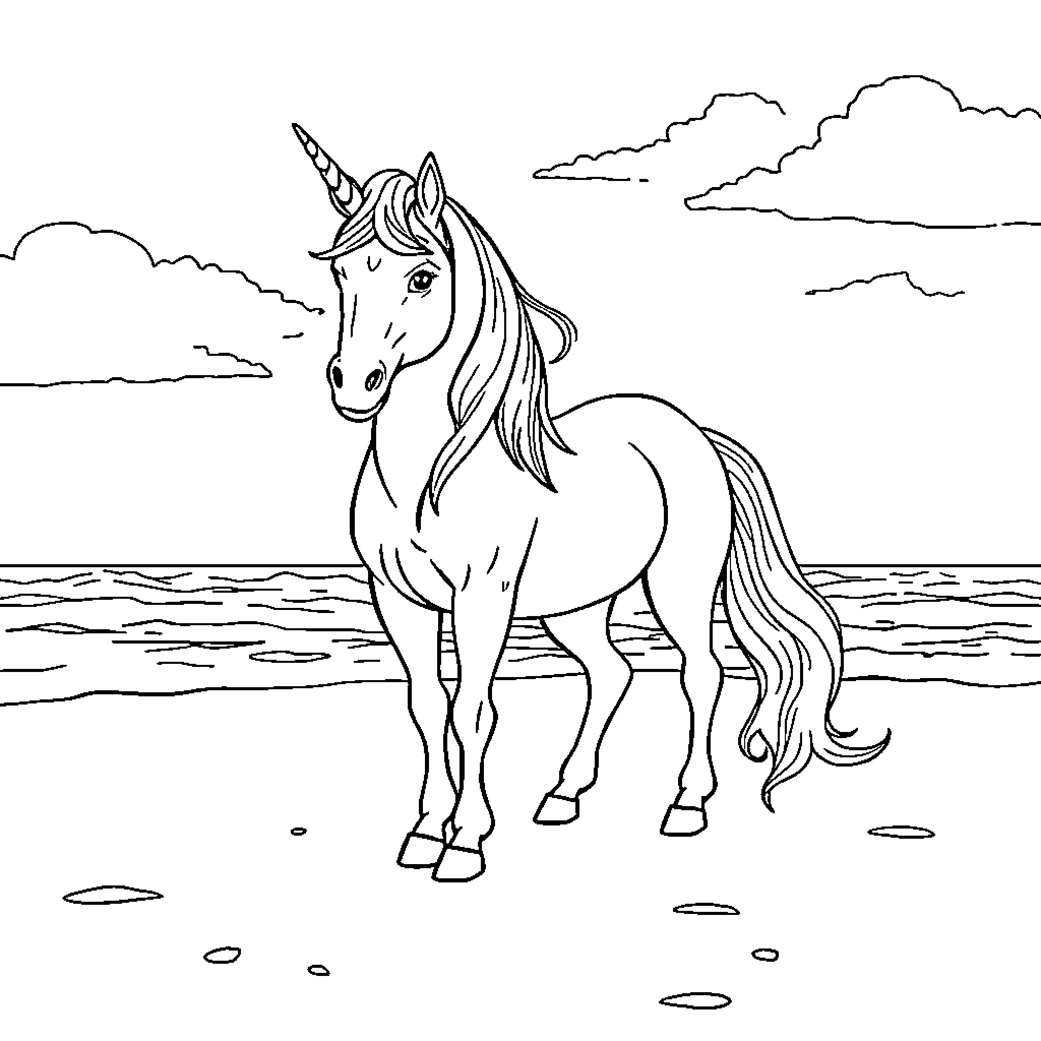 Unicorn standing proudly on the beach Coloring Page (free black-and-white line drawing printable PDF for all, from beginners to advanced learners, including children, teens, adults, and seniors)