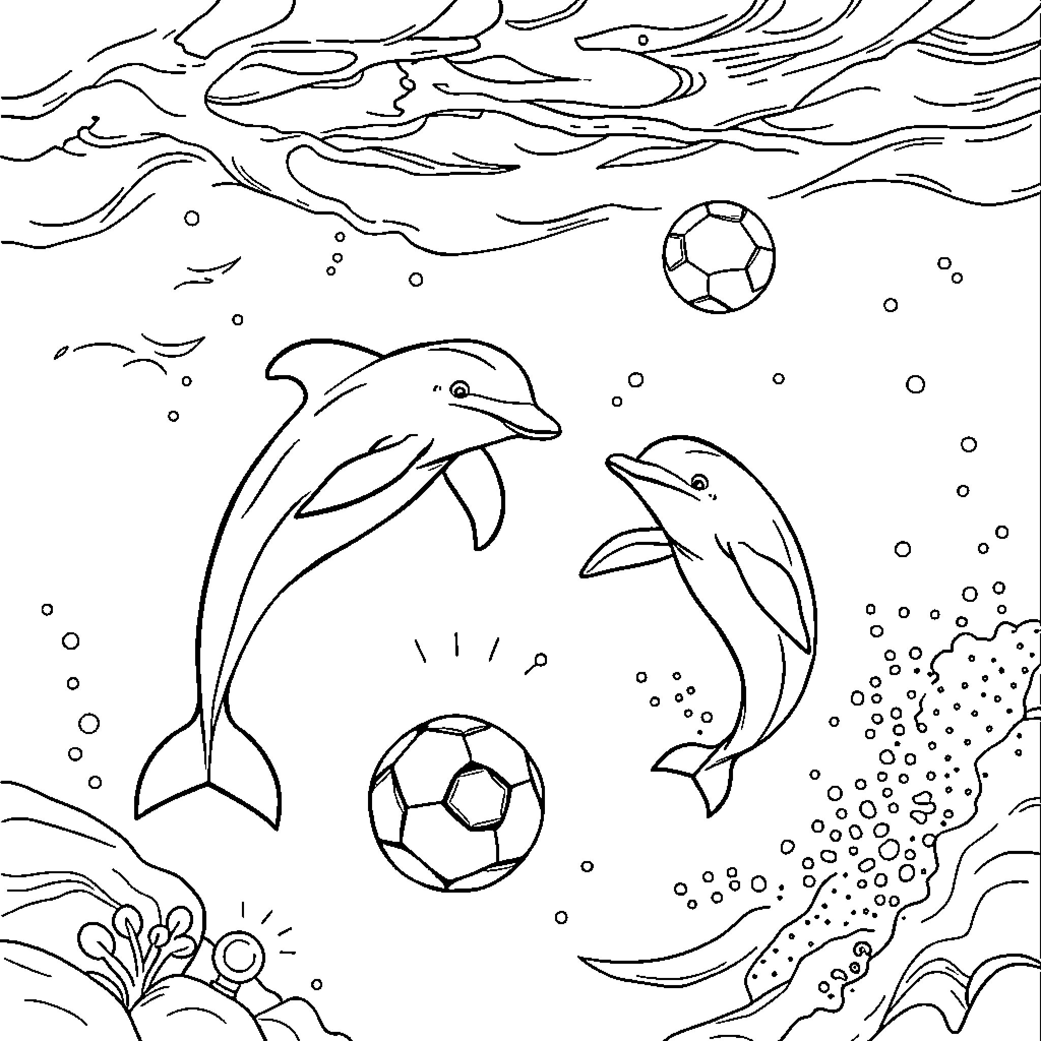 Dolphin playing with soccer balls underwater Coloring Page (free black-and-white line drawing printable PDF for all, from beginners to advanced learners, including children, teens, adults, and seniors)