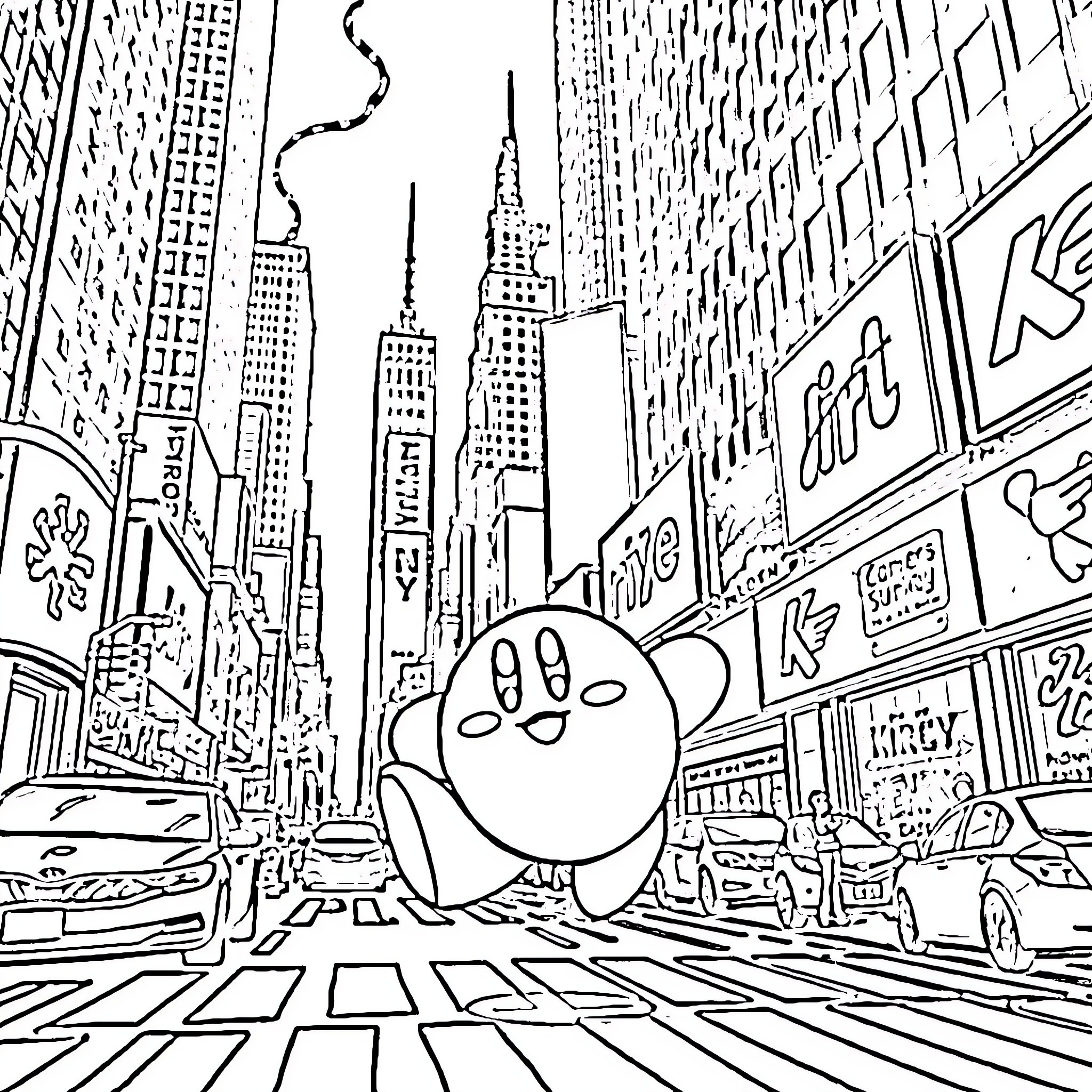 Kirby exploring the bustling city streets Coloring Page (free black-and-white line drawing printable PDF for all, from beginners to advanced learners, including children, teens, adults, and seniors)