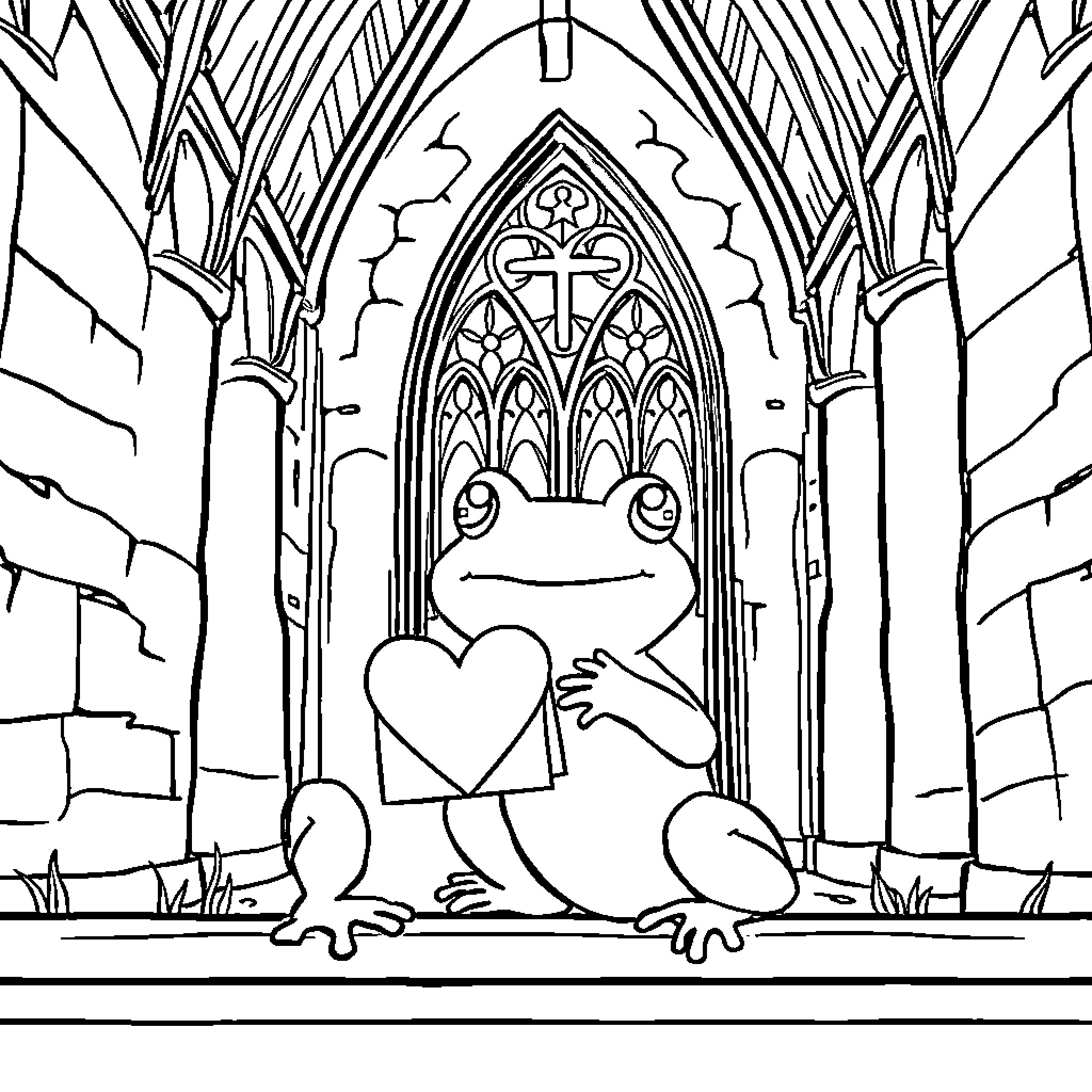 Frog praying in an ornate church Coloring Page (free black-and-white line drawing printable PDF for all, from beginners to advanced learners, including children, teens, adults, and seniors)
