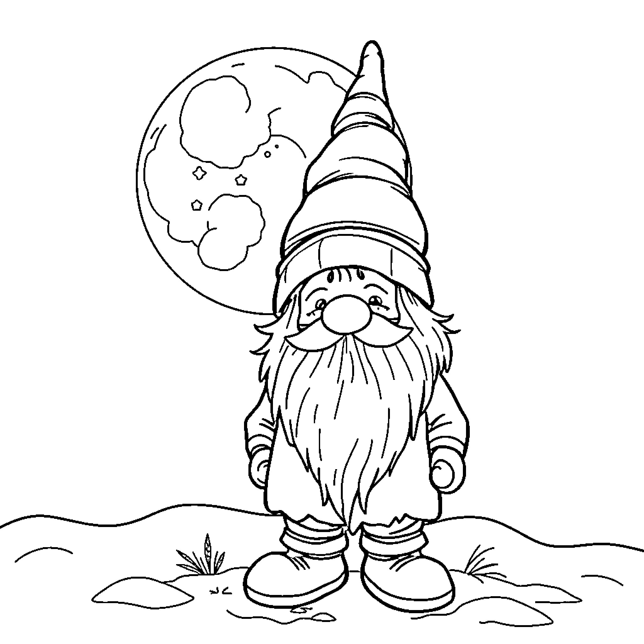 Gnome gazing at the moon in the night Coloring Page (free black-and-white line drawing printable PDF for all, from beginners to advanced learners, including children, teens, adults, and seniors)
