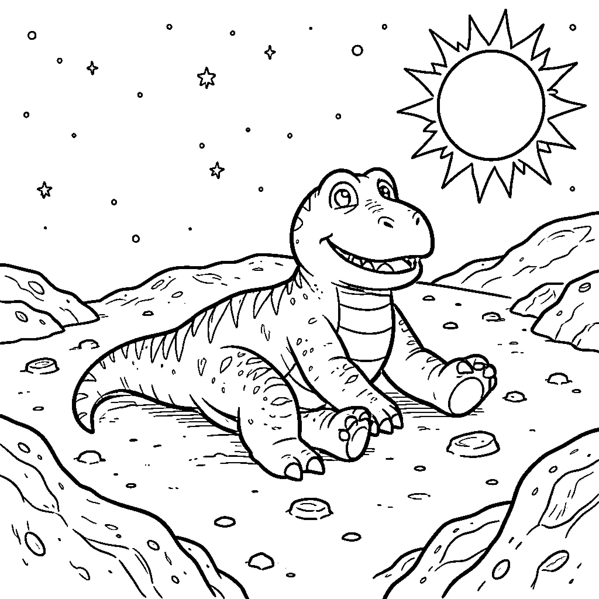 Barney smiling happily while sitting on the moon Coloring Page (free black-and-white line drawing printable PDF for all, from beginners to advanced learners, including children, teens, adults, and seniors)