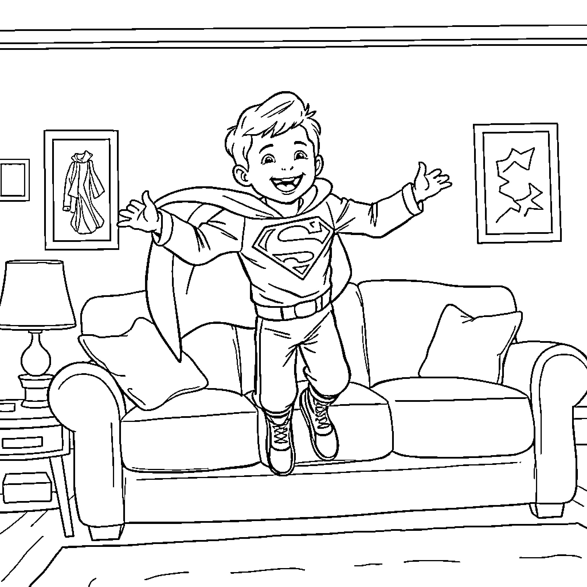 Boy playing superhero in living room Coloring Page (free black-and-white line drawing printable PDF for all, from beginners to advanced learners, including children, teens, adults, and seniors)