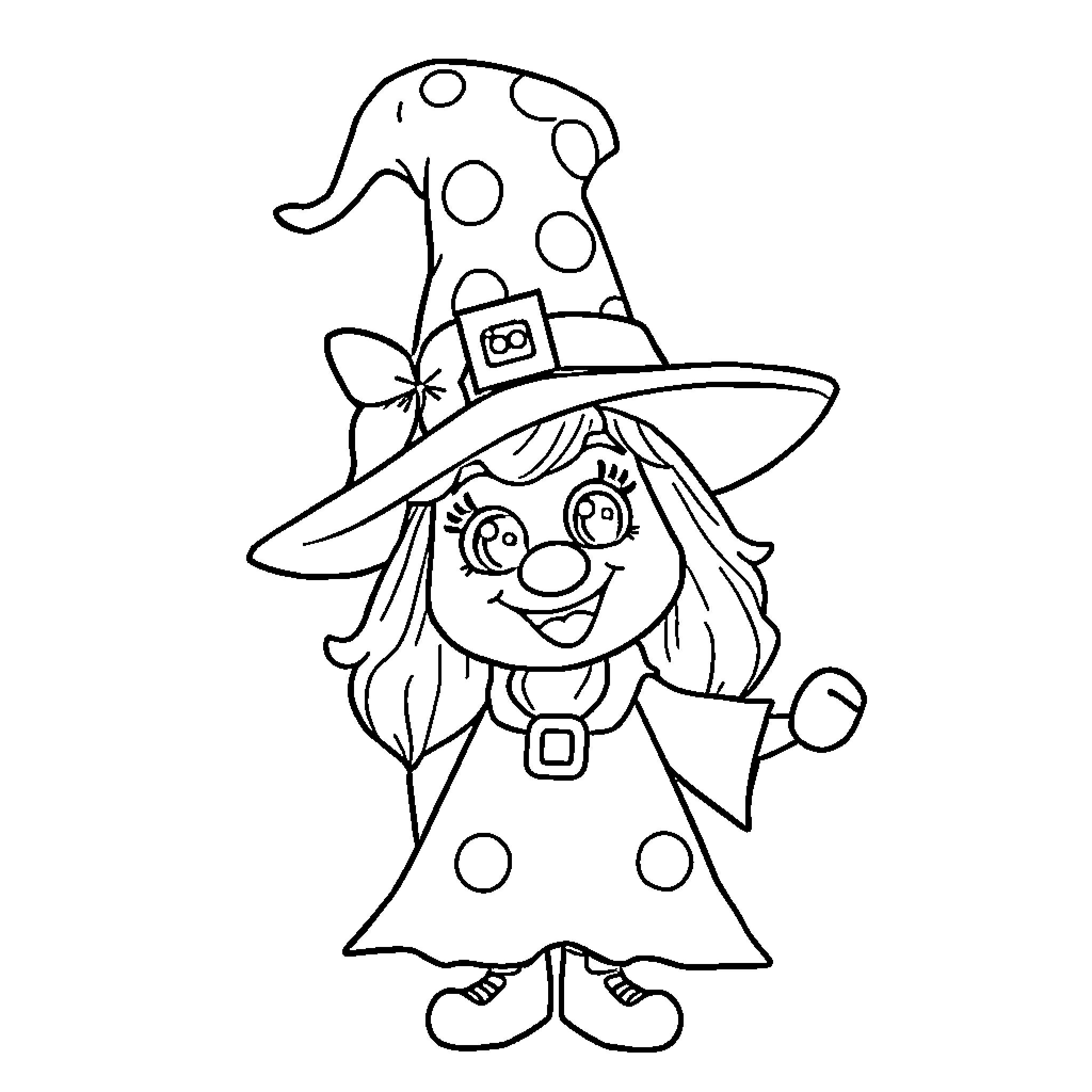 Blippi the Silly Witch in a Polka Dot Dress Coloring Page (free black-and-white line drawing printable PDF for all, from beginners to advanced learners, including children, teens, adults, and seniors)