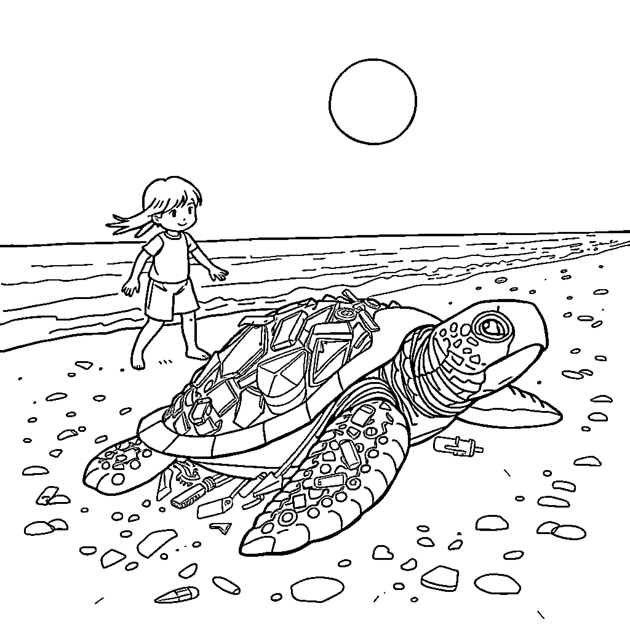 Turtle transporting child on the beach Coloring Page (free black-and-white line drawing printable PDF for all, from beginners to advanced learners, including children, teens, adults, and seniors)