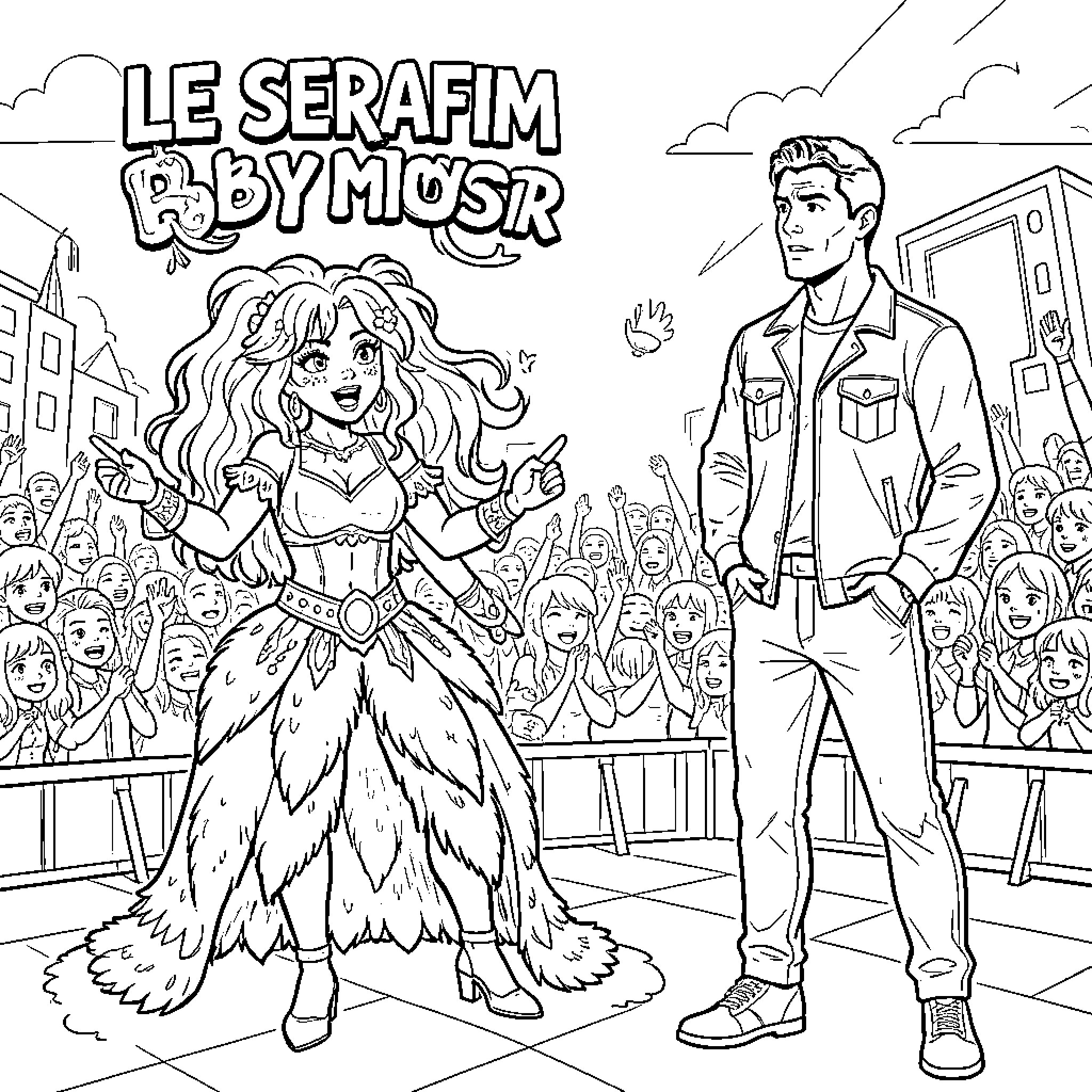 Baby Monster performing on stage before a cheering crowd Coloring Page (free black-and-white line drawing printable PDF for all, from beginners to advanced learners, including children, teens, adults, and seniors)