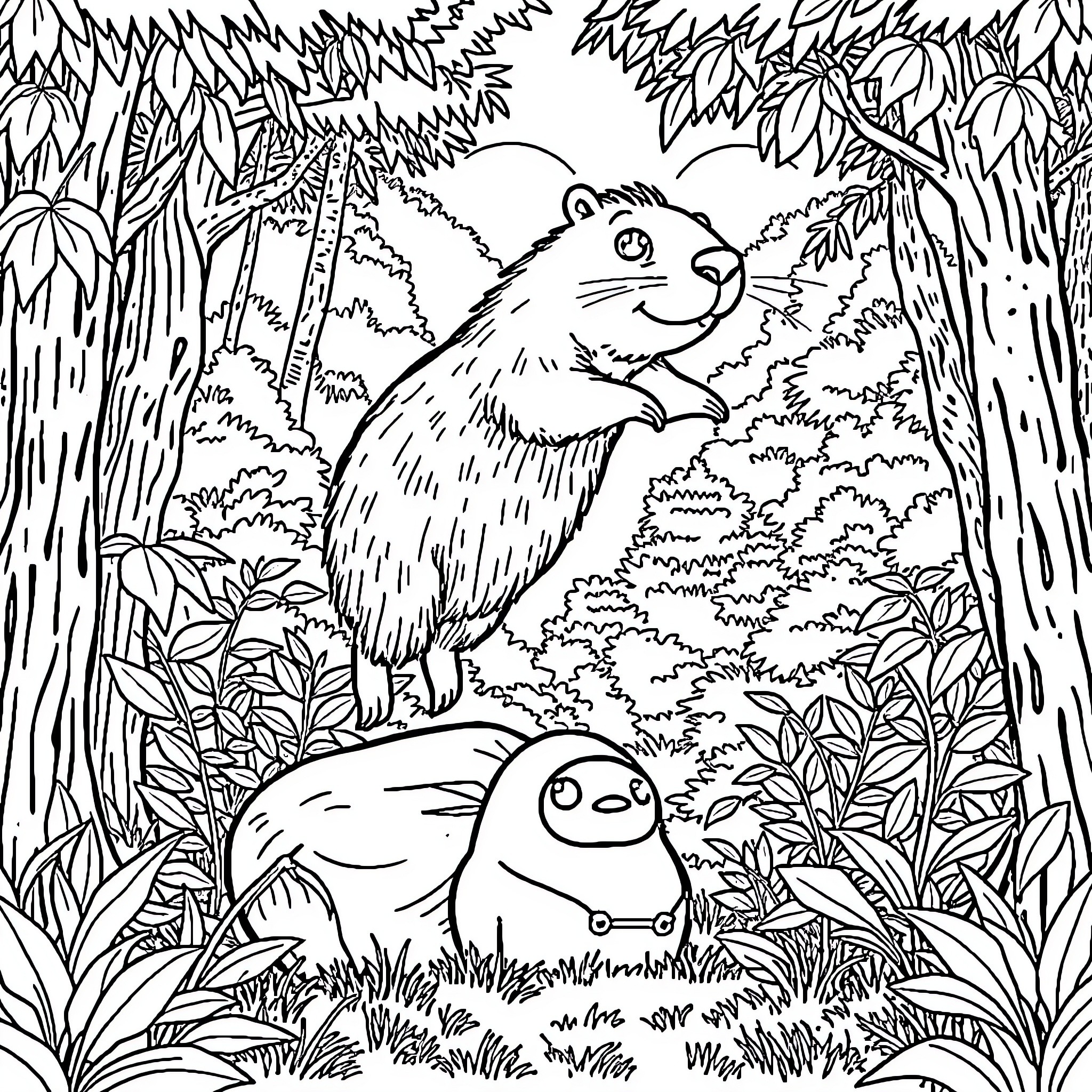 Capybara resting in the lush jungle foliage Coloring Page (free black-and-white line drawing printable PDF for all, from beginners to advanced learners, including children, teens, adults, and seniors)
