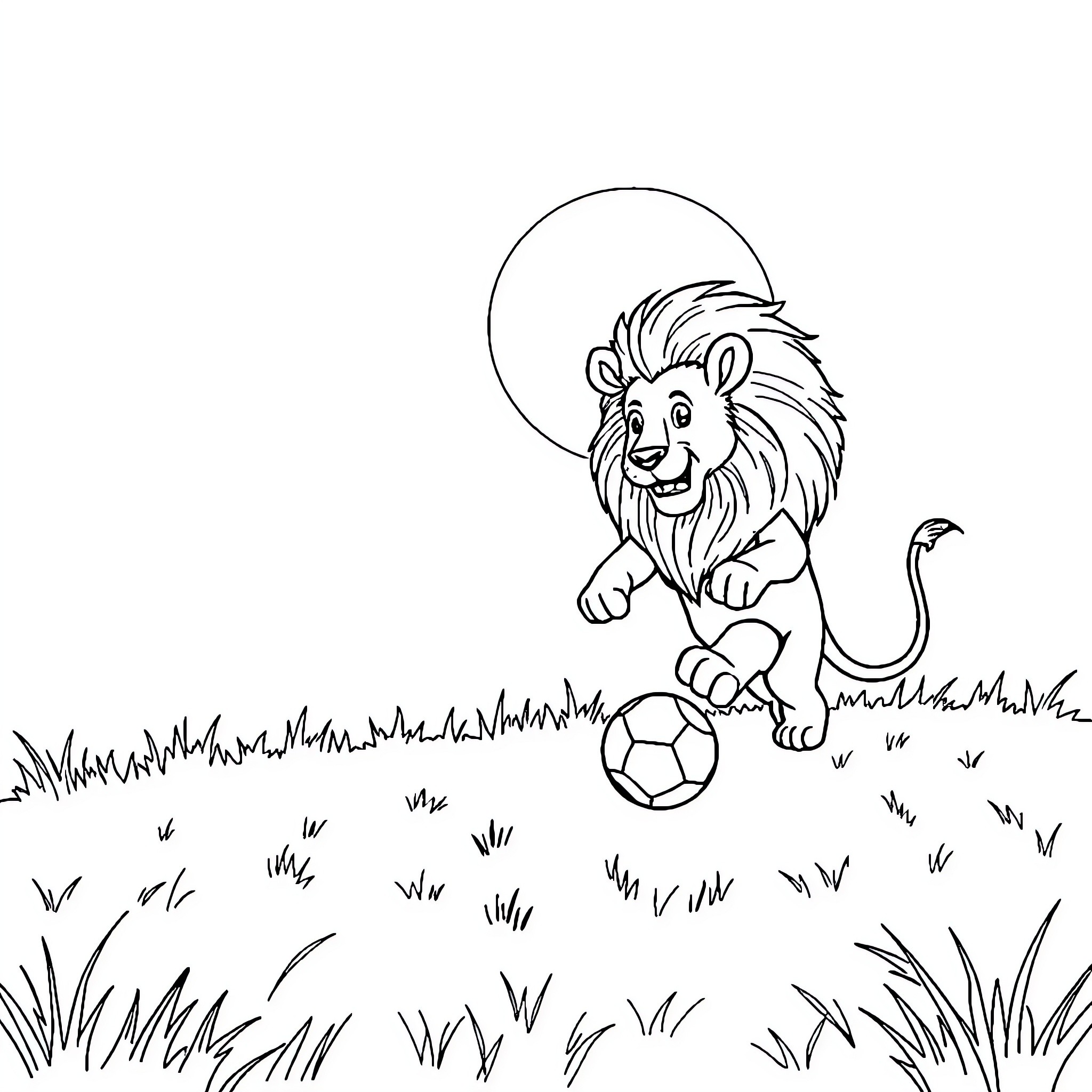Panda playing joyfully with soccer ball in meadow Coloring Page (free black-and-white line drawing printable PDF for all, from beginners to advanced learners, including children, teens, adults, and seniors)