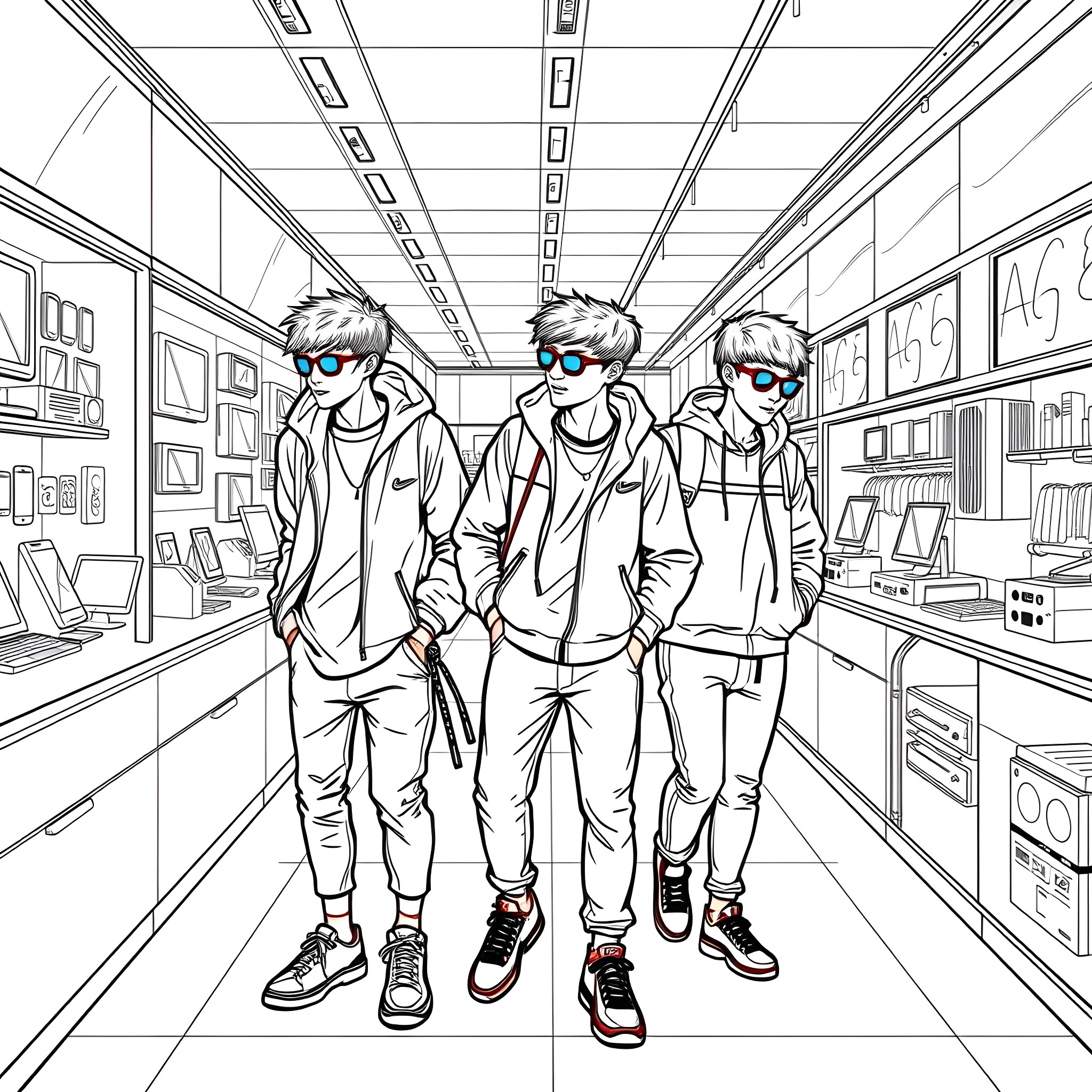 Teen Guys Exploring a High-Tech Classroom Coloring Page (free black-and-white line drawing printable PDF for all, from beginners to advanced learners, including children, teens, adults, and seniors)