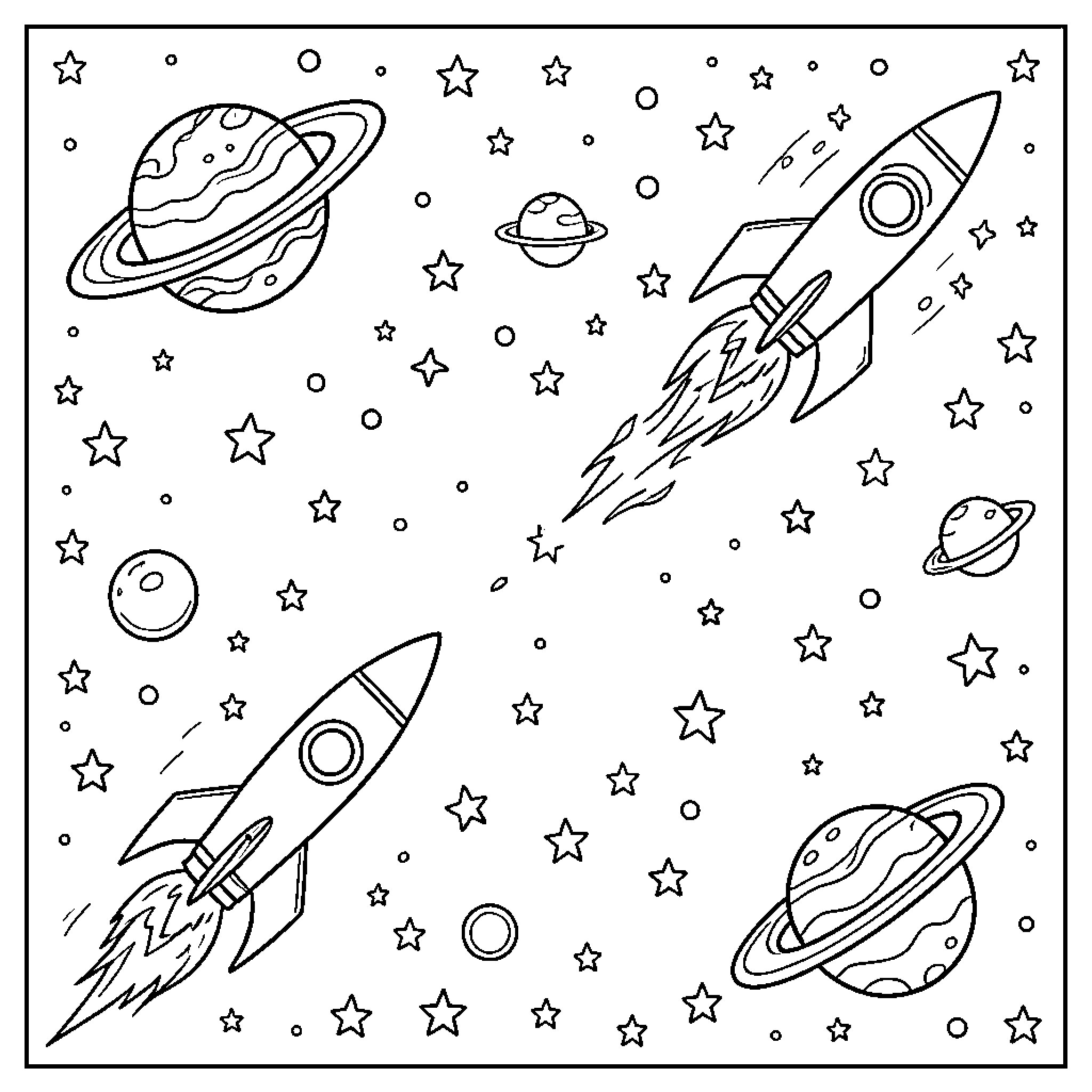 Space scene with rockets flying among planets and stars Coloring Page (free black-and-white line drawing printable PDF for all, from beginners to advanced learners, including children, teens, adults, and seniors)