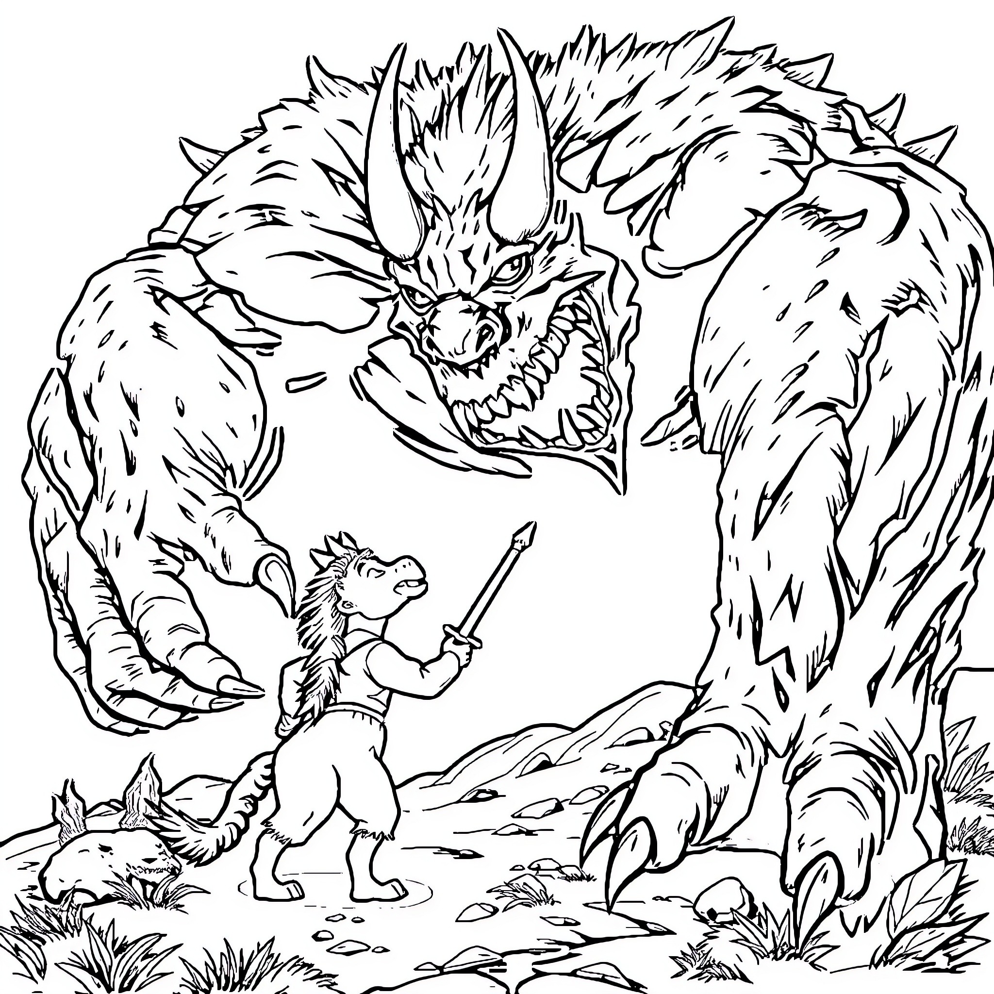 Monster warrior battles ferocious beast in the wilderness Coloring Page (free black-and-white line drawing printable PDF for all, from beginners to advanced learners, including children, teens, adults, and seniors)