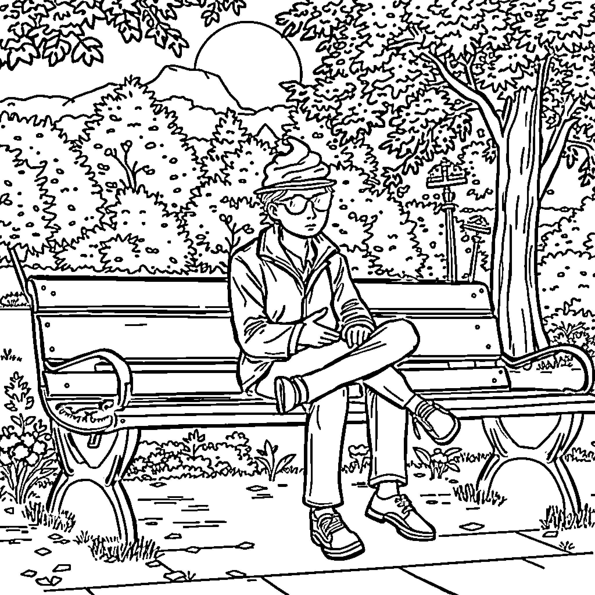 Cappuccino Enjoyed on a Tranquil Park Bench Coloring Page (free black-and-white line drawing printable PDF for all, from beginners to advanced learners, including children, teens, adults, and seniors)