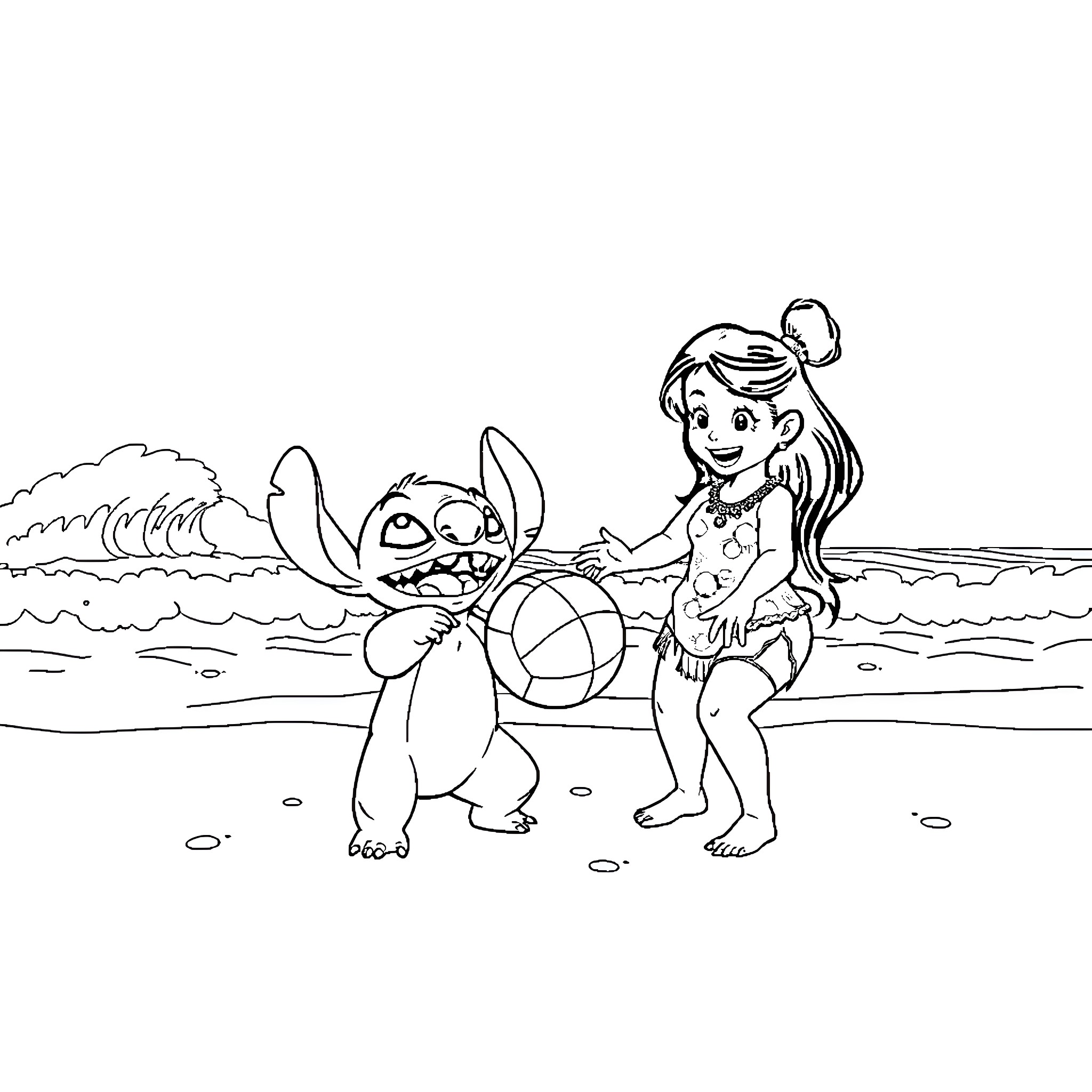 Lilo and Stitch playing on the beach Coloring Page (free black-and-white line drawing printable PDF for all, from beginners to advanced learners, including children, teens, adults, and seniors)