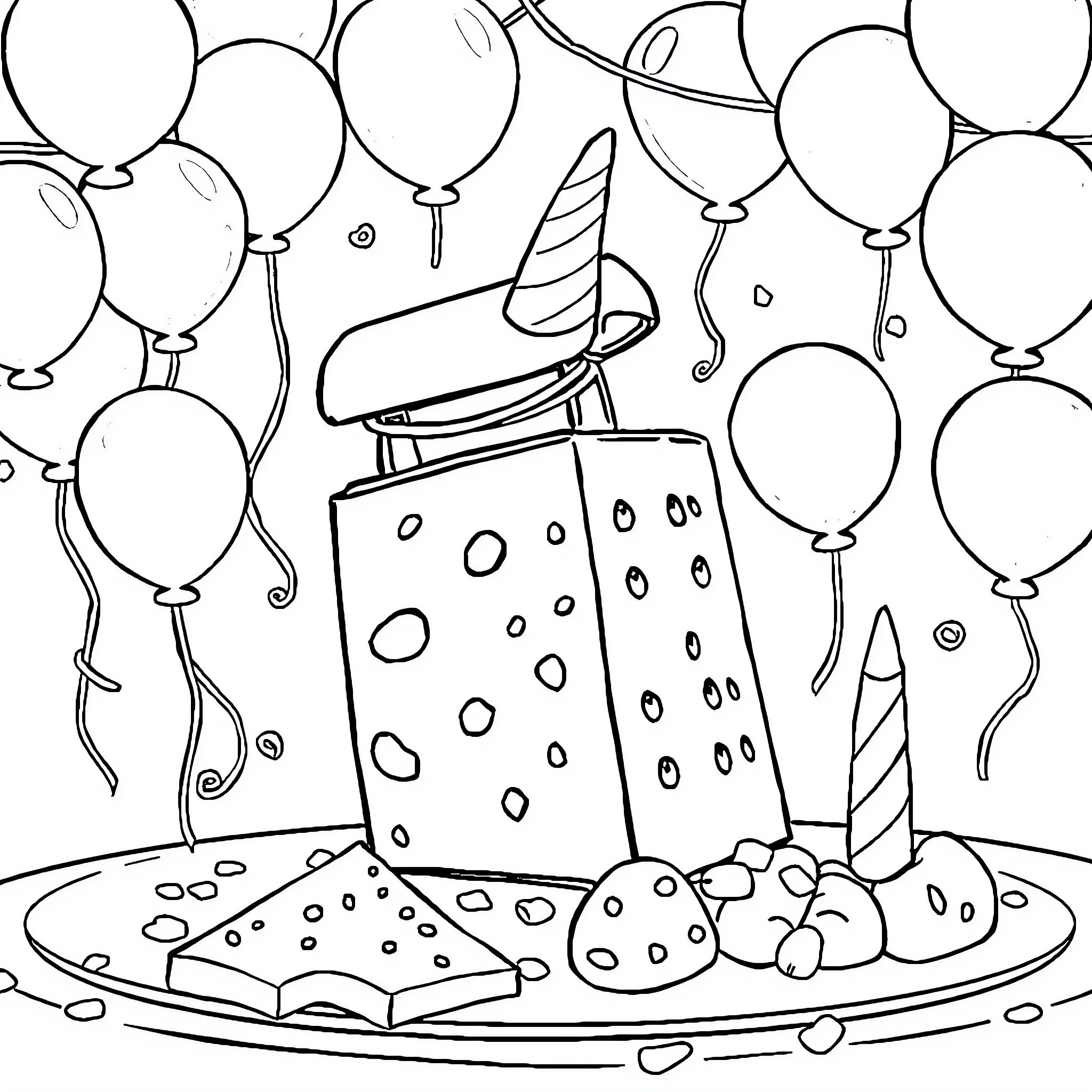 Cheese Grater Party Celebration with Balloons Coloring Page (free black-and-white line drawing printable PDF for all, from beginners to advanced learners, including children, teens, adults, and seniors)