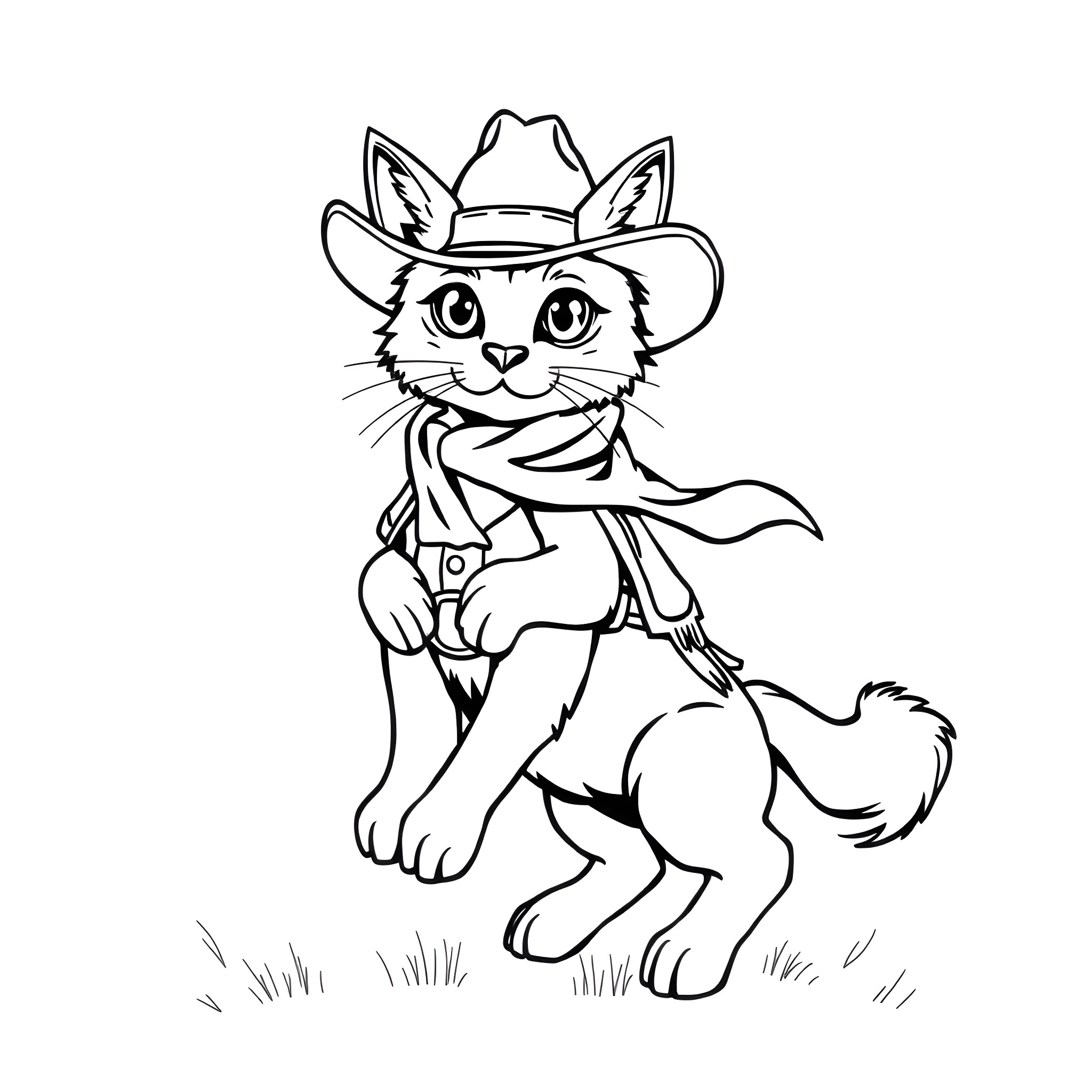 Cowboy Cat Exploring the Frontier Coloring Page (free black-and-white line drawing printable PDF for all, from beginners to advanced learners, including children, teens, adults, and seniors)