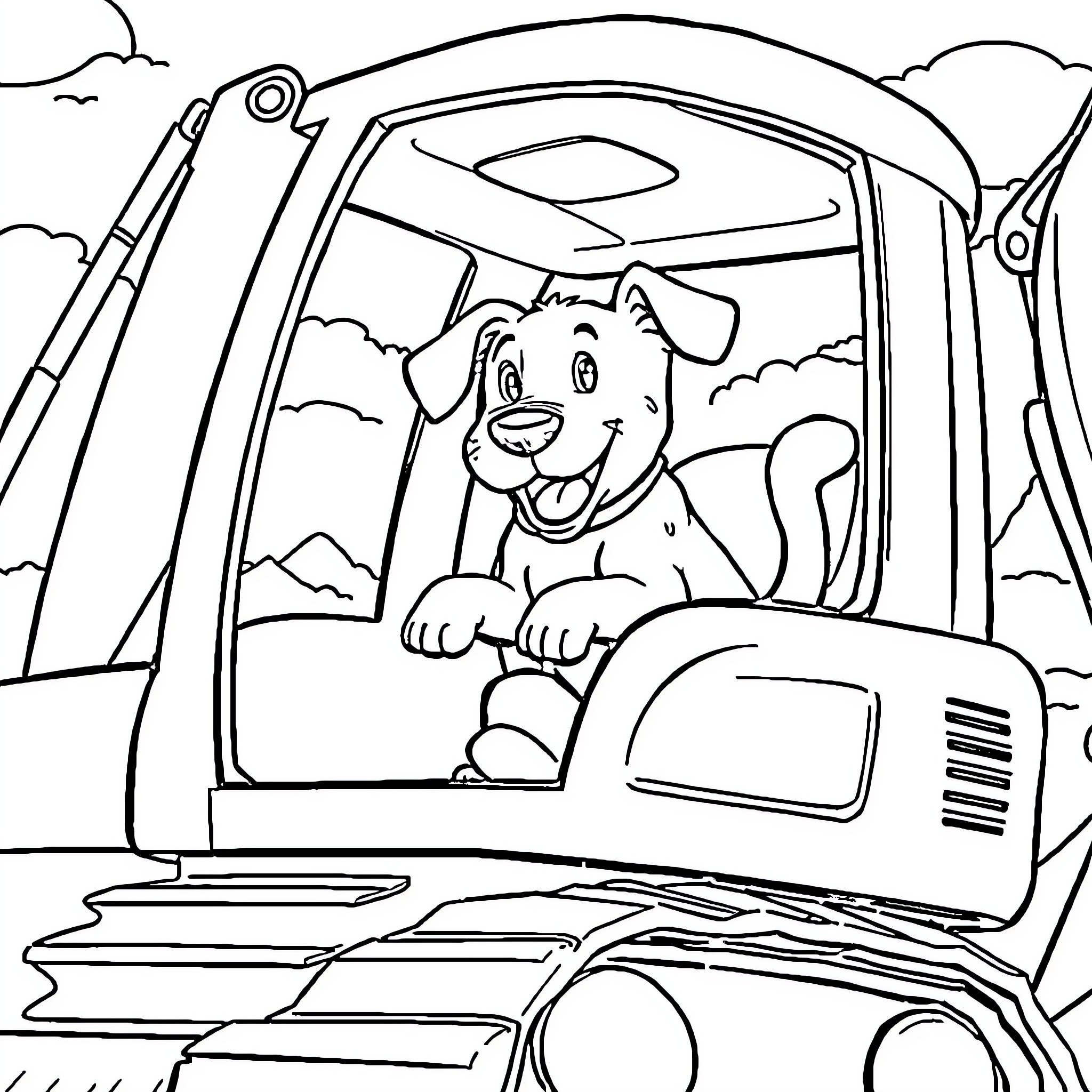 Dog driving construction vehicle in the countryside Coloring Page (free black-and-white line drawing printable PDF for all, from beginners to advanced learners, including children, teens, adults, and seniors)
