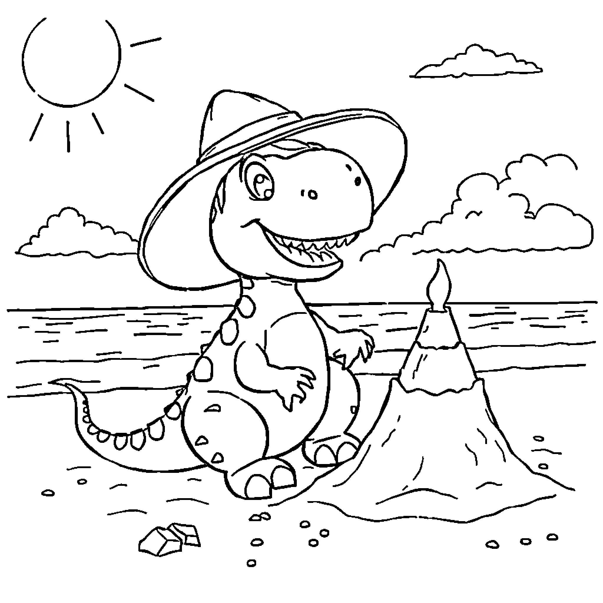 Dinosaur wearing a cowboy hat on the beach Coloring Page (free black-and-white line drawing printable PDF for all, from beginners to advanced learners, including children, teens, adults, and seniors)