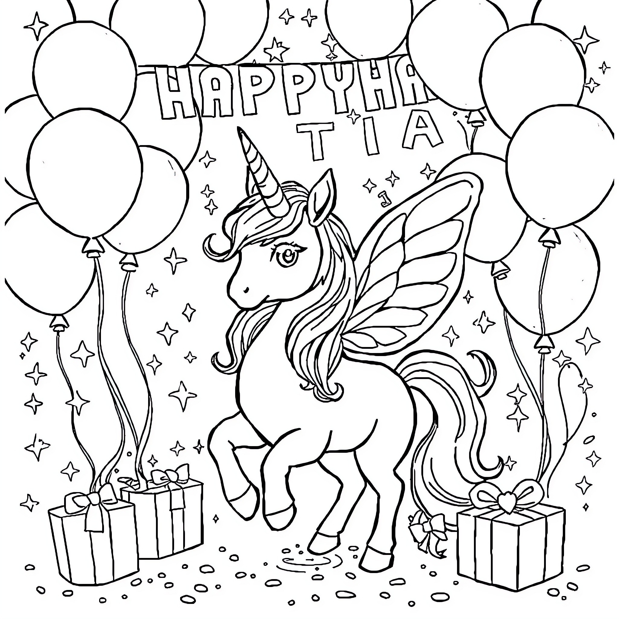 Unicorn celebrating a happy birthday party Coloring Page (free black-and-white line drawing printable PDF for all, from beginners to advanced learners, including children, teens, adults, and seniors)