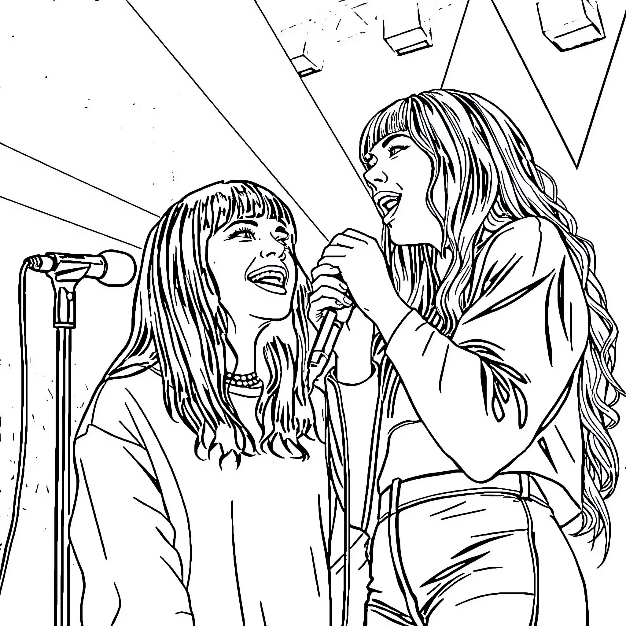 Billie Eilish performing on stage with a friend Coloring Page (free black-and-white line drawing printable PDF for all, from beginners to advanced learners, including children, teens, adults, and seniors)