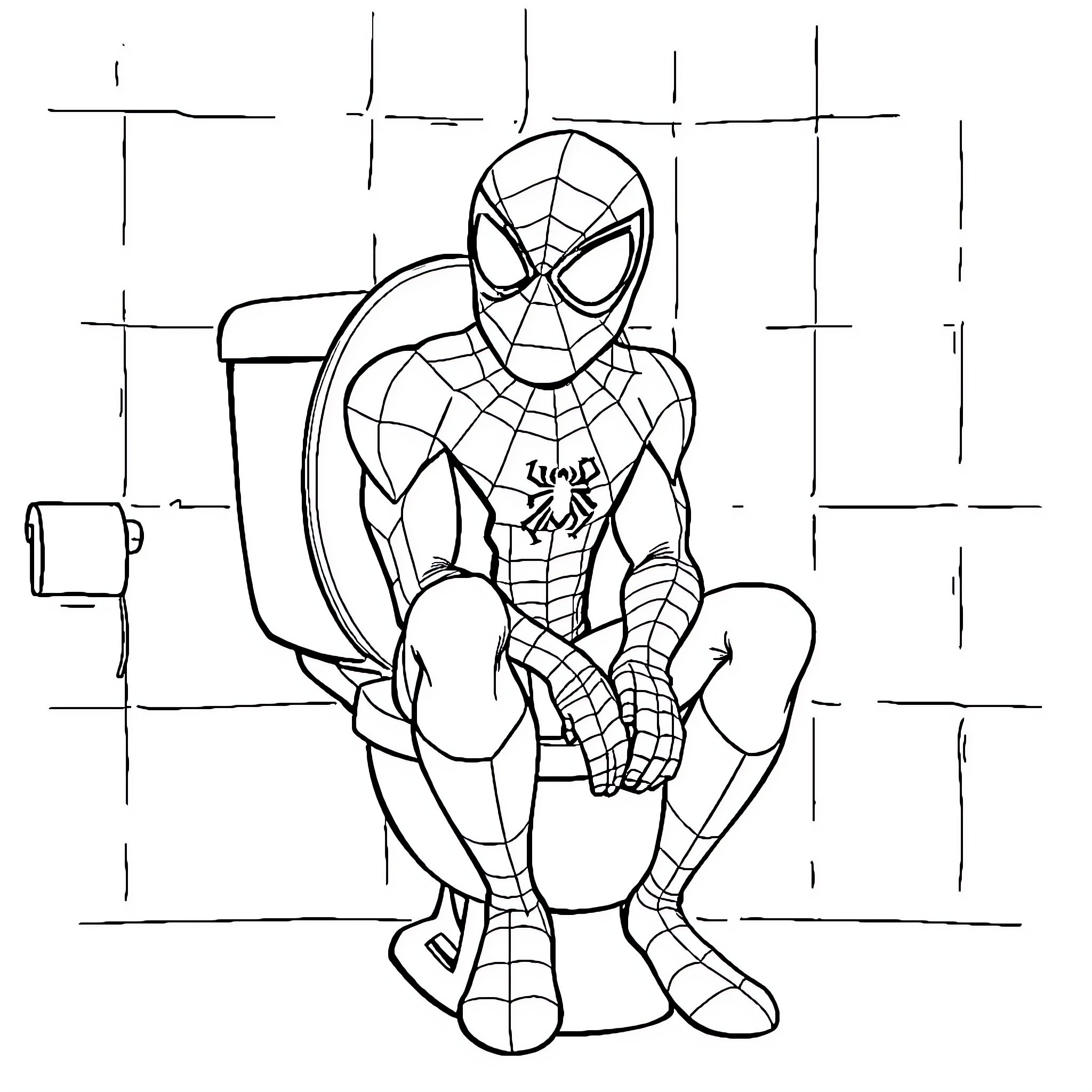 Spiderman crouched in a web-filled environment Coloring Page (free black-and-white line drawing printable PDF for all, from beginners to advanced learners, including children, teens, adults, and seniors)