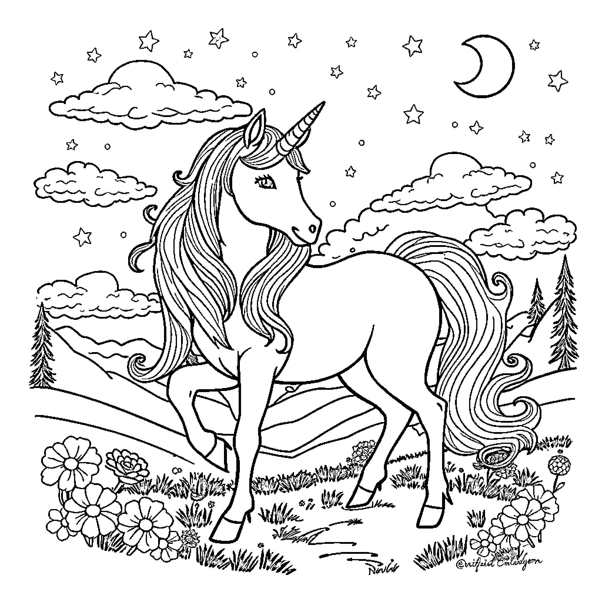 Unicorn standing in a magical nighttime landscape Coloring Page (free black-and-white line drawing printable PDF for all, from beginners to advanced learners, including children, teens, adults, and seniors)