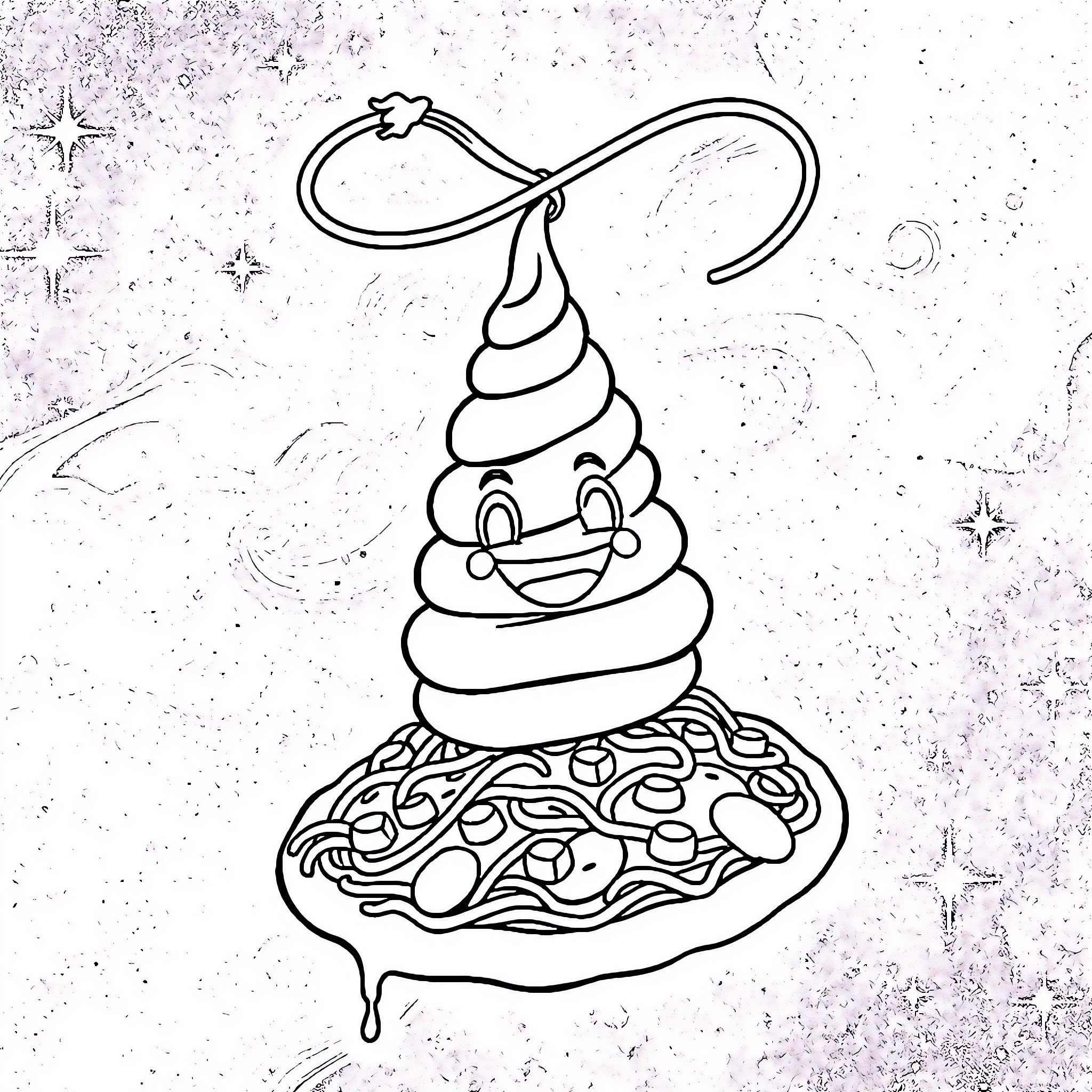 Ice Cream with Whimsical Topping on Decorated Plate Coloring Page (free black-and-white line drawing printable PDF for all, from beginners to advanced learners, including children, teens, adults, and seniors)