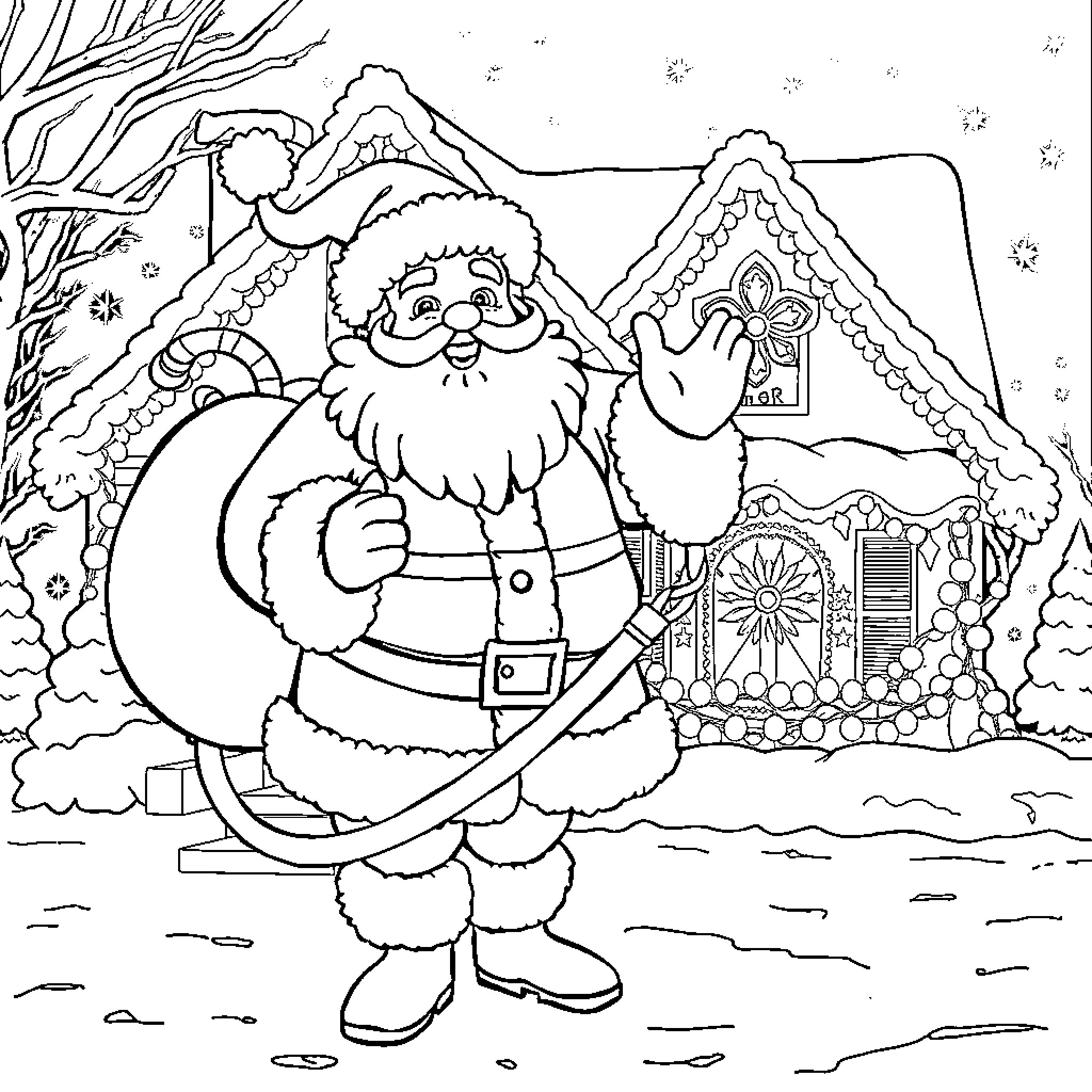 Père Noël waving in a snowy winter landscape Coloring Page (free black-and-white line drawing printable PDF for all, from beginners to advanced learners, including children, teens, adults, and seniors)