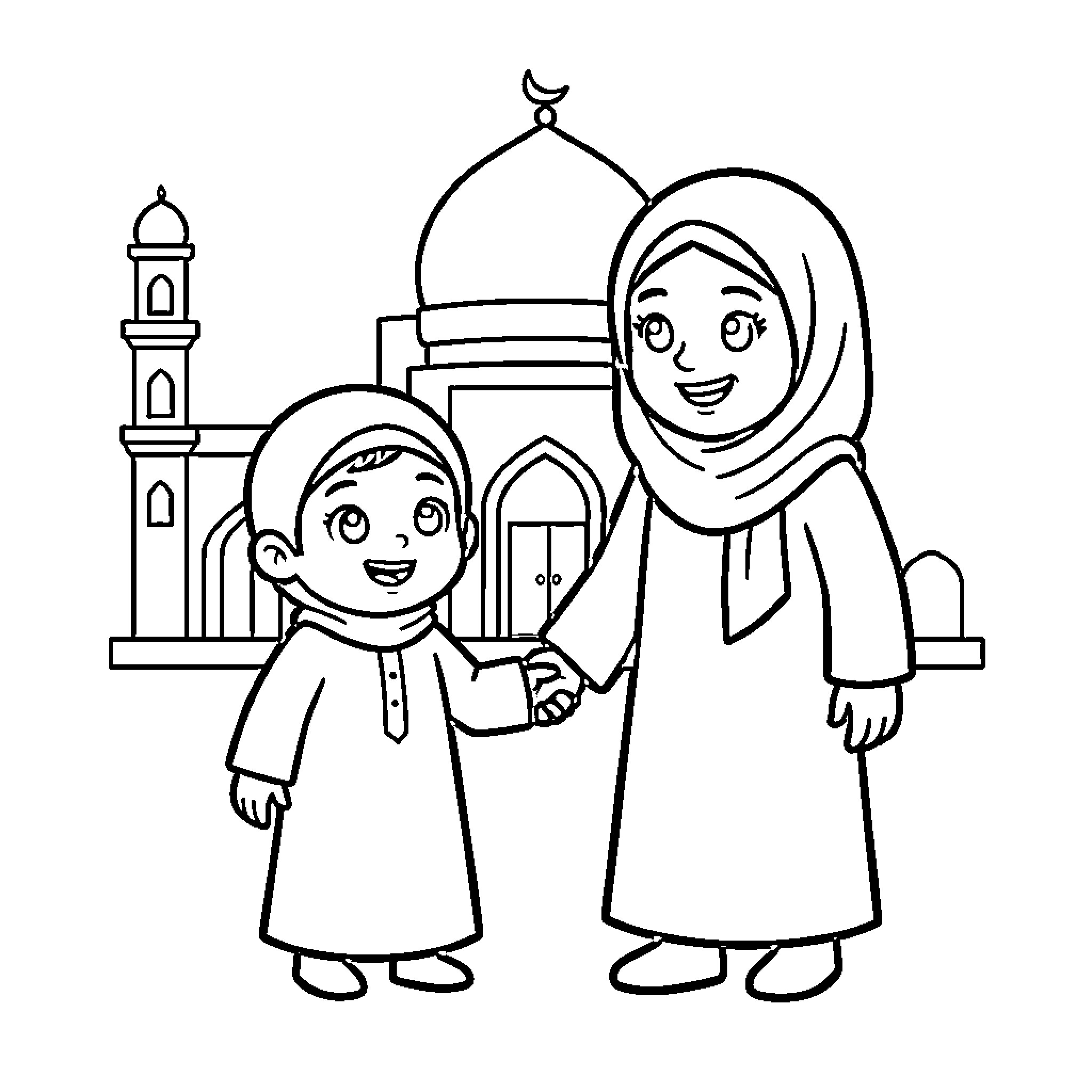 Child and mother holding hands near a mosque Coloring Page (free black-and-white line drawing printable PDF for all, from beginners to advanced learners, including children, teens, adults, and seniors)