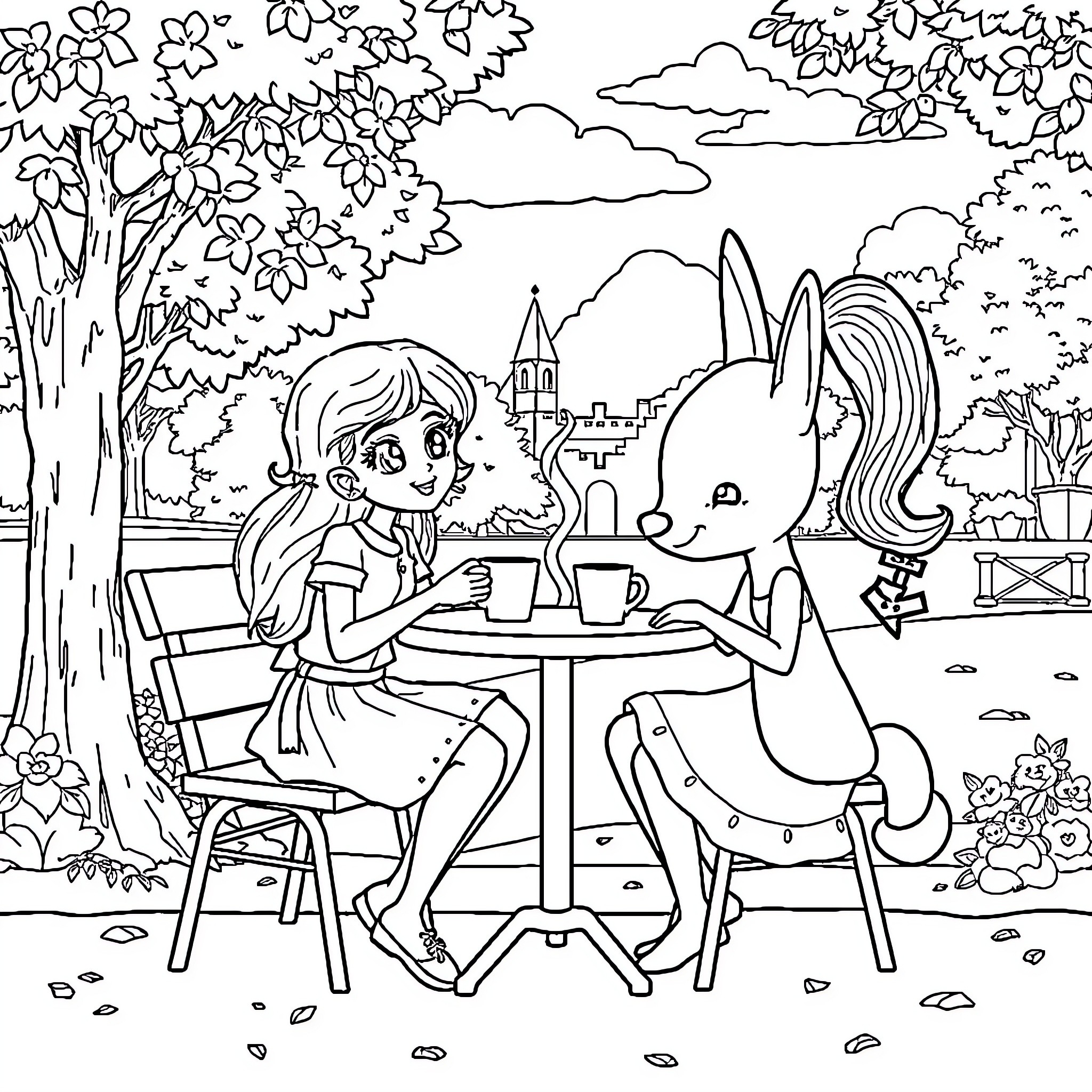 Gabby's Outdoor Tea Party with Rabbit Friend Coloring Page (free black-and-white line drawing printable PDF for all, from beginners to advanced learners, including children, teens, adults, and seniors)