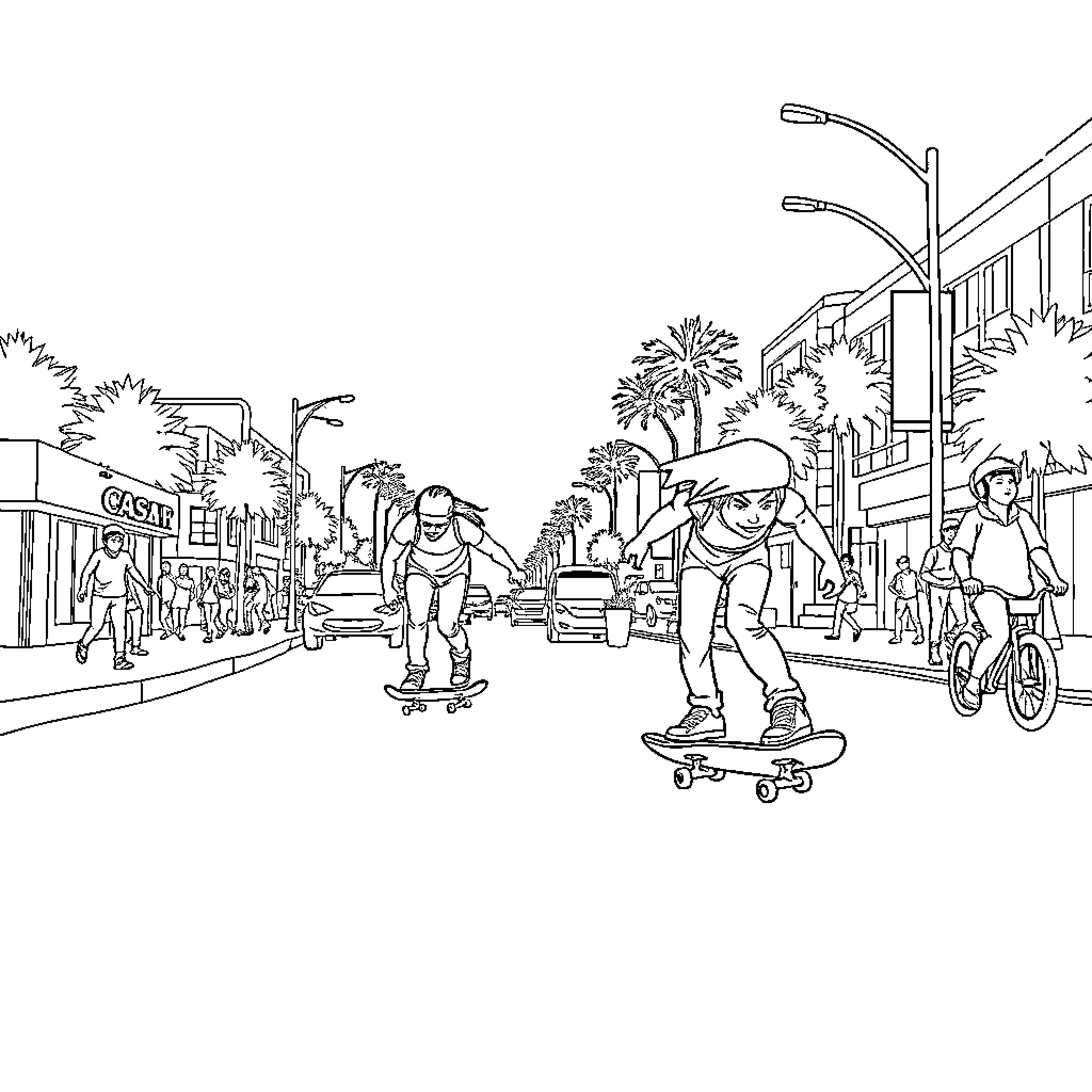 Skateboarding on a Vibrant Street Scene Coloring Page (free black-and-white line drawing printable PDF for all, from beginners to advanced learners, including children, teens, adults, and seniors)
