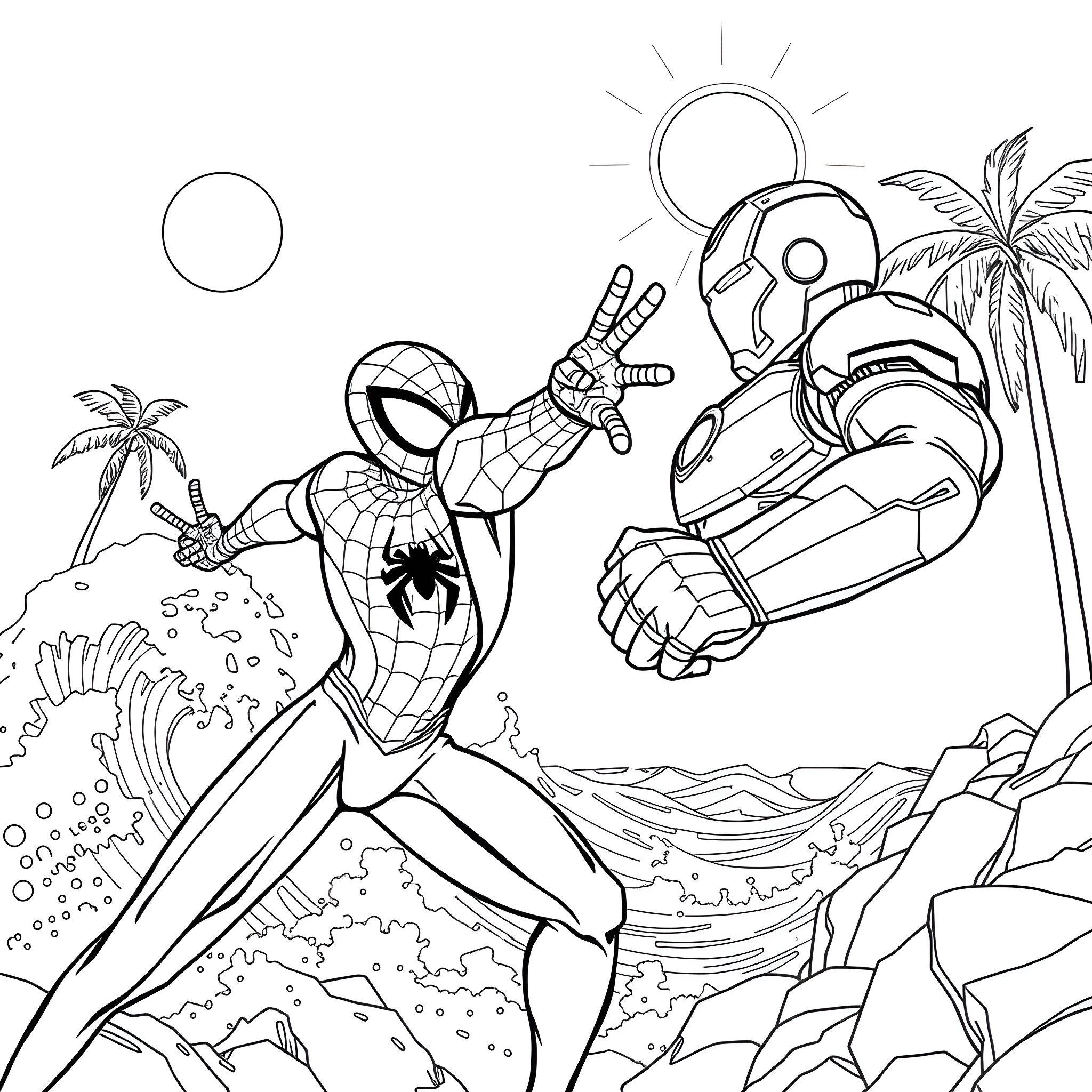 Spiderman battles a robot on a tropical island Coloring Page (free black-and-white line drawing printable PDF for all, from beginners to advanced learners, including children, teens, adults, and seniors)