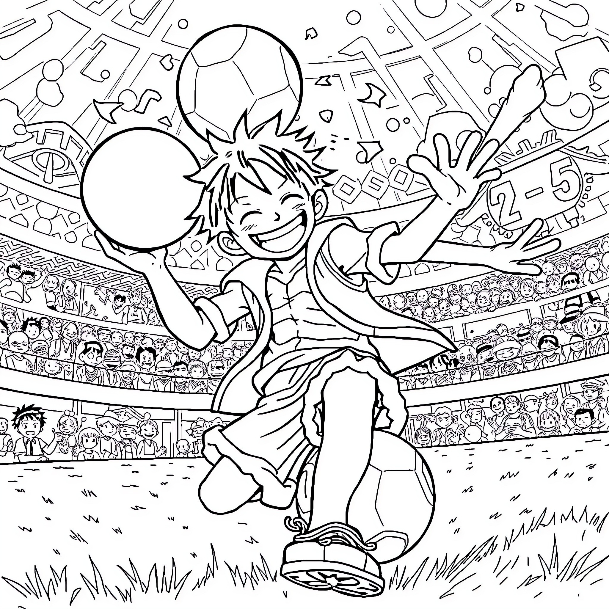 Luffy's Energetic Soccer Celebration Coloring Page (free black-and-white line drawing printable PDF for all, from beginners to advanced learners, including children, teens, adults, and seniors)