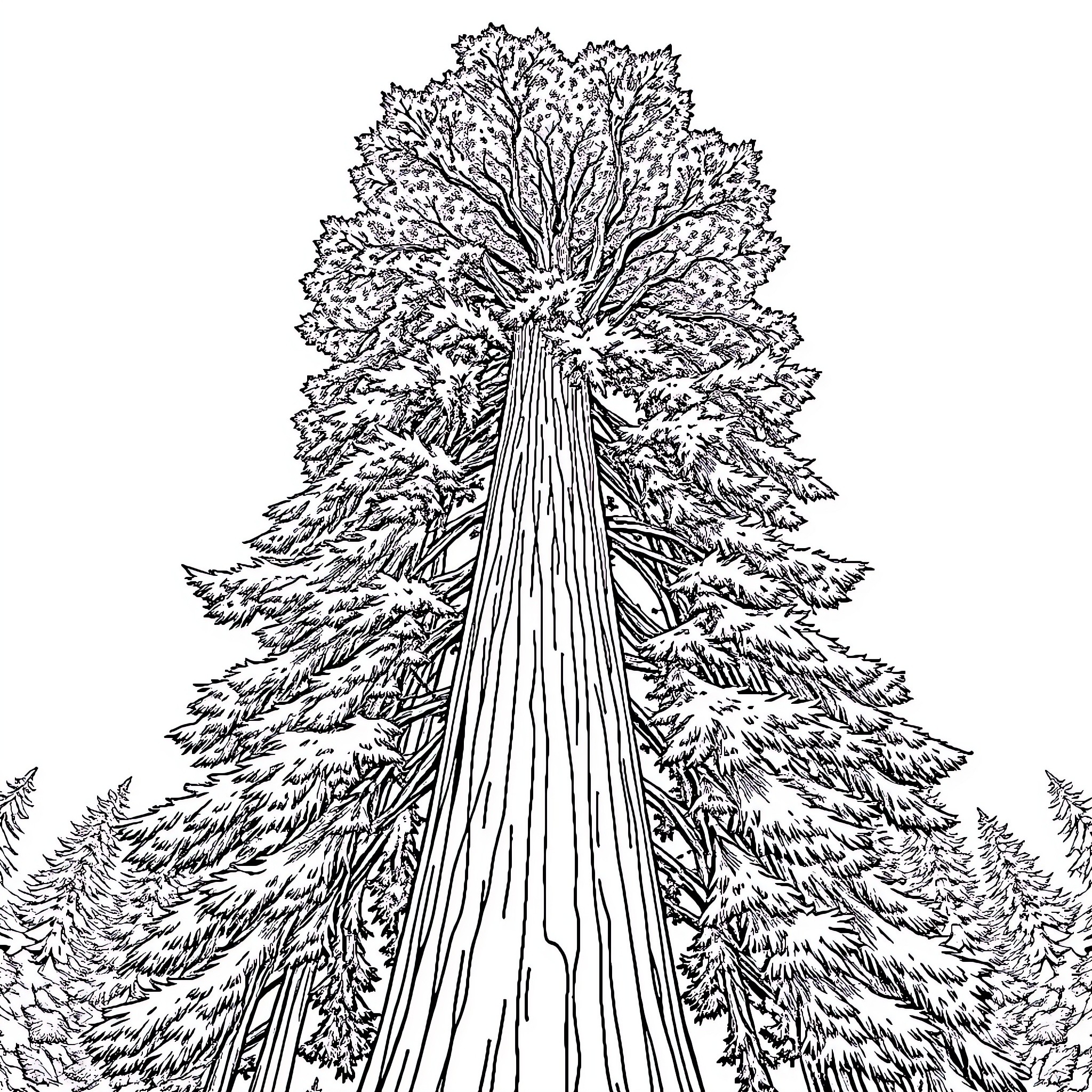 Sequoia tree towering over forest landscape Coloring Page (free black-and-white line drawing printable PDF for all, from beginners to advanced learners, including children, teens, adults, and seniors)