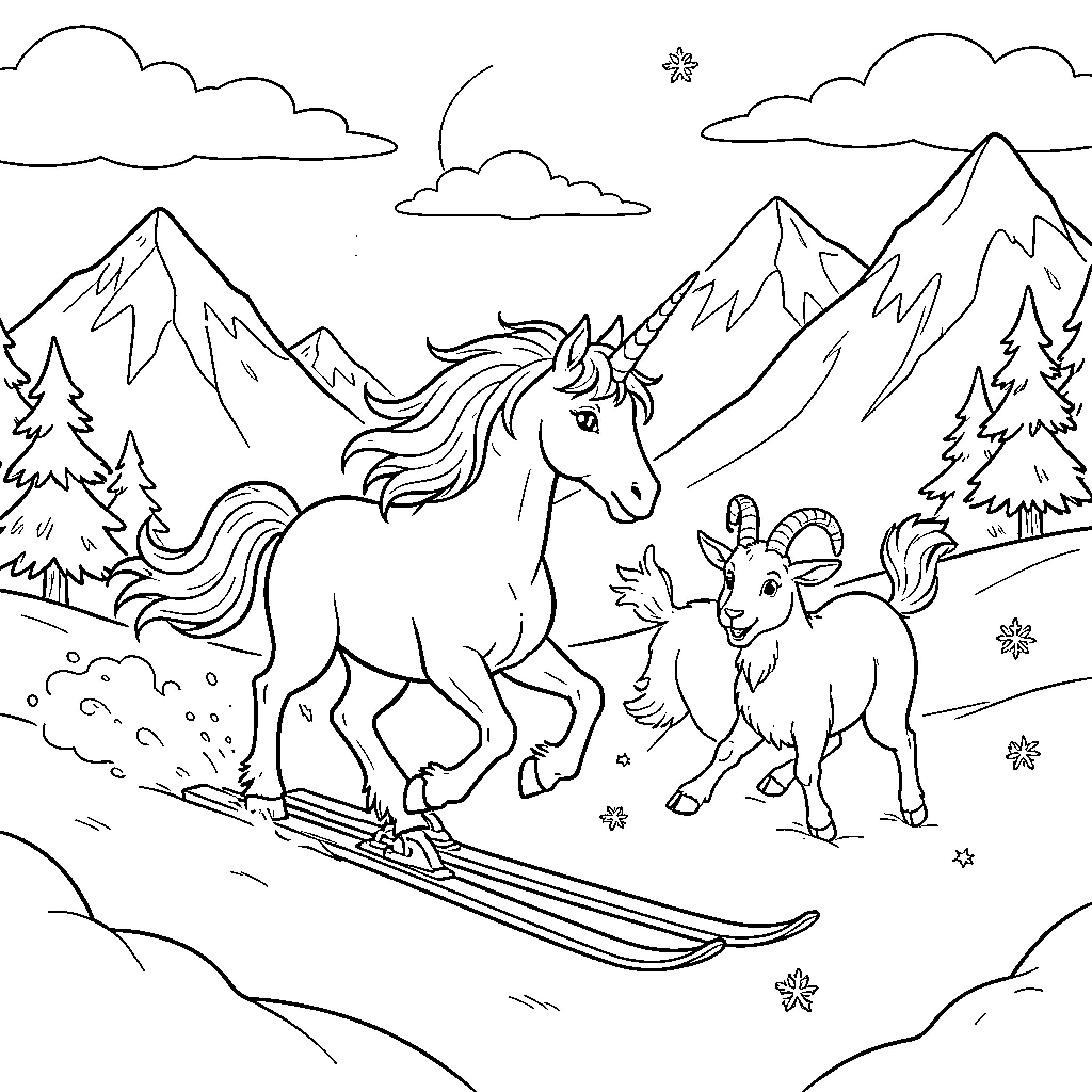 Unicorn and Ram Sledding Through Snowy Mountains Coloring Page (free black-and-white line drawing printable PDF for all, from beginners to advanced learners, including children, teens, adults, and seniors)