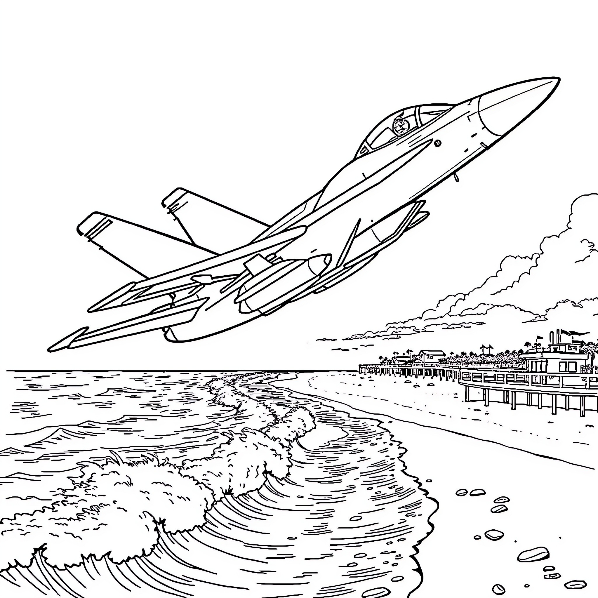 F/A 18 Hornet soaring over coastal cityscape Coloring Page (free black-and-white line drawing printable PDF for all, from beginners to advanced learners, including children, teens, adults, and seniors)