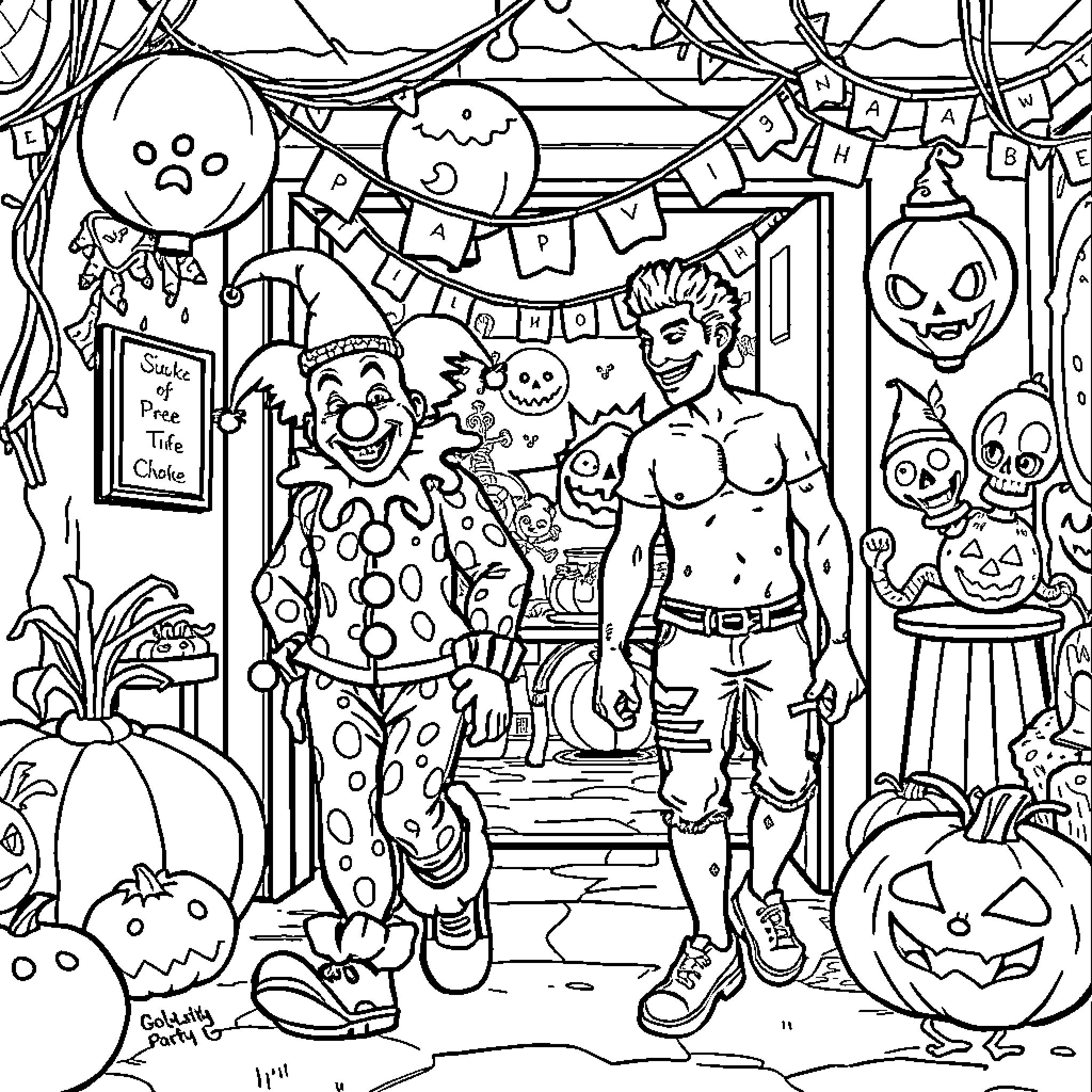 Clown's Spooky Halloween Celebration Coloring Page (free black-and-white line drawing printable PDF for all, from beginners to advanced learners, including children, teens, adults, and seniors)