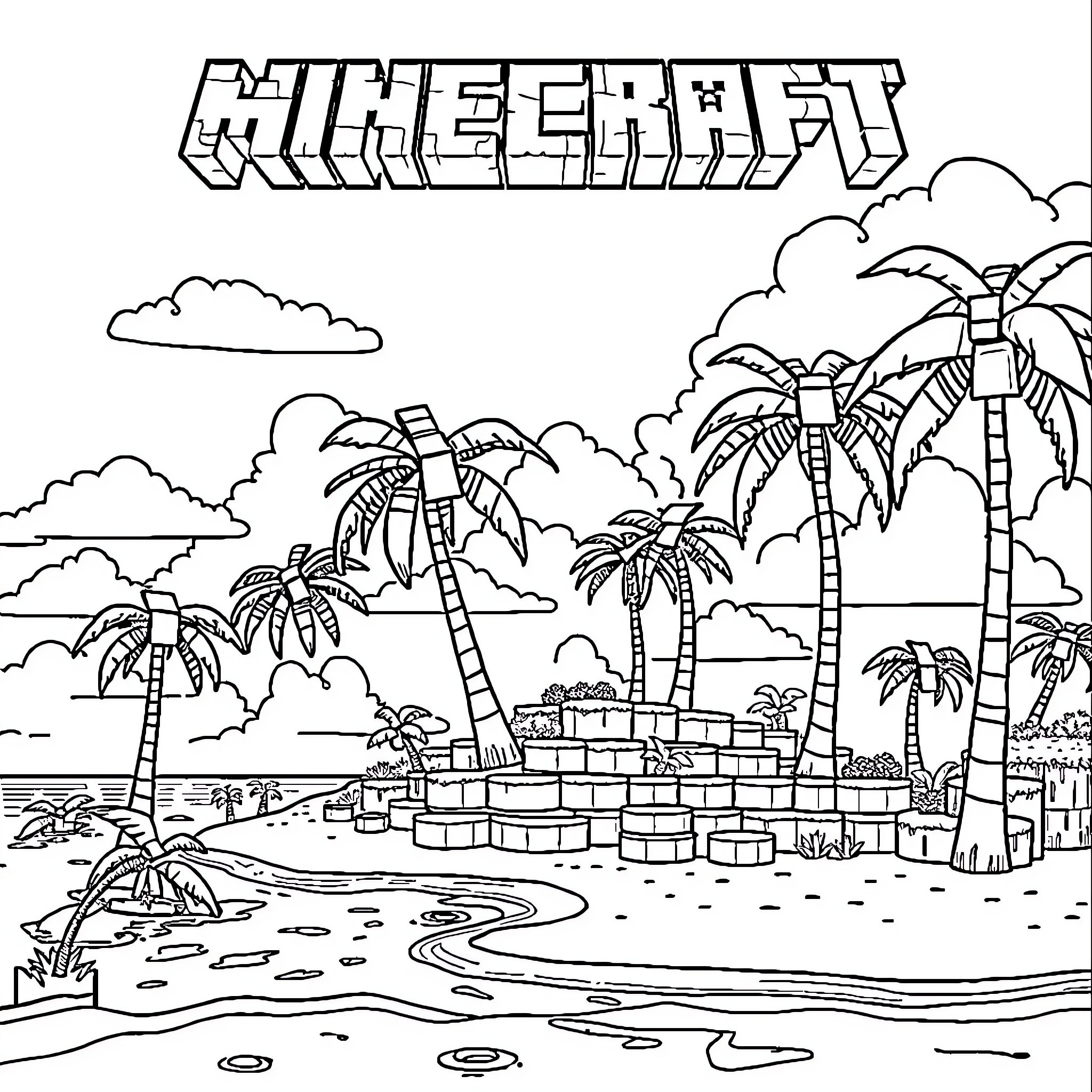 Minecraft tropical island adventure scene Coloring Page (free black-and-white line drawing printable PDF for all, from beginners to advanced learners, including children, teens, adults, and seniors)