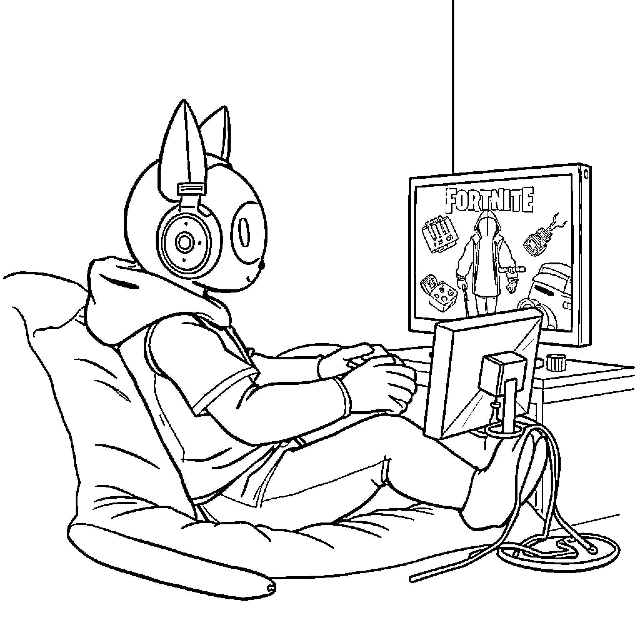 Vessel playing video game on screen Coloring Page (free black-and-white line drawing printable PDF for all, from beginners to advanced learners, including children, teens, adults, and seniors)
