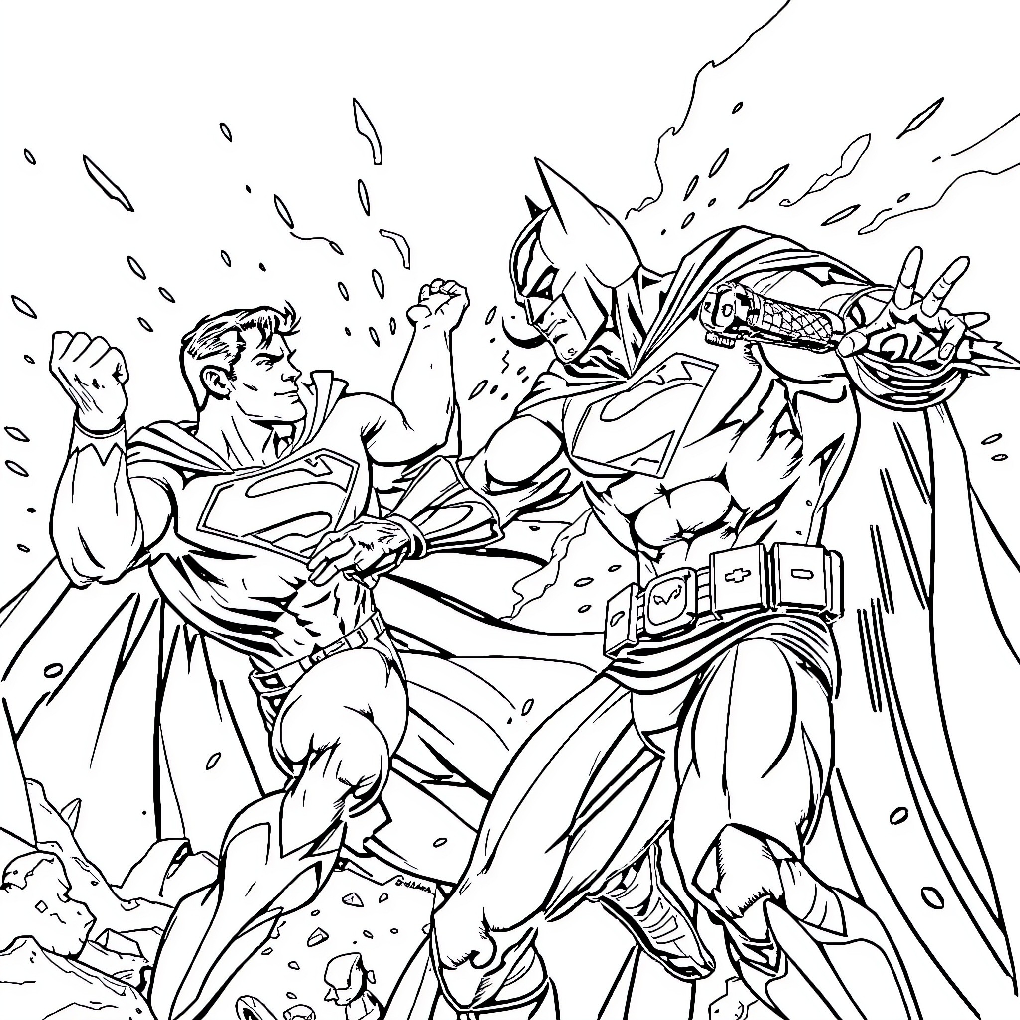 Superman battling a powerful villain in an intense showdown Coloring Page (free black-and-white line drawing printable PDF for all, from beginners to advanced learners, including children, teens, adults, and seniors)