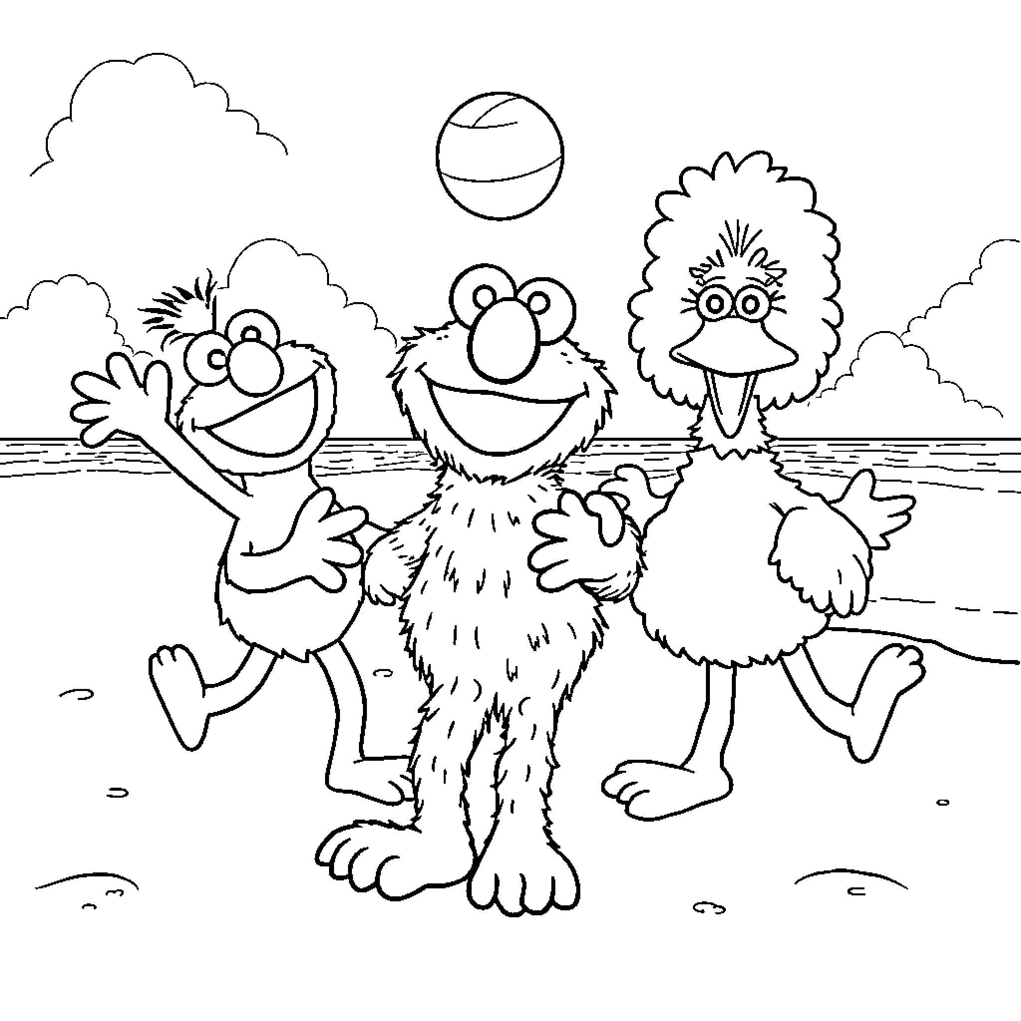 Sesame Street Characters enjoying the outdoors Coloring Page (free black-and-white line drawing printable PDF for all, from beginners to advanced learners, including children, teens, adults, and seniors)