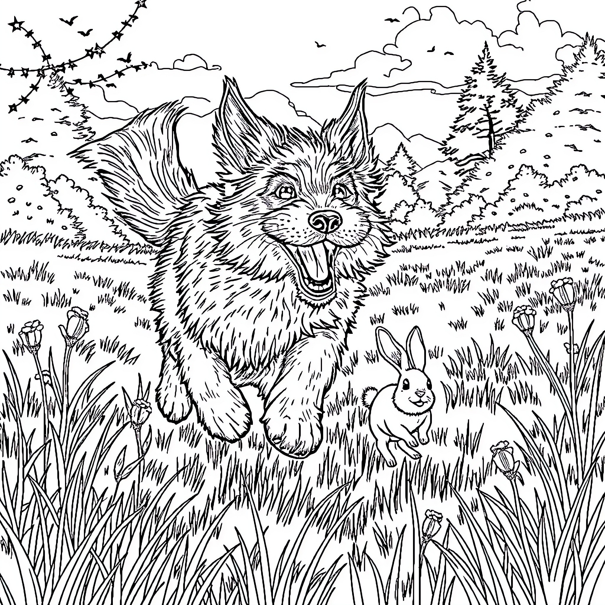 Korthals Griffon playing joyfully in the wilderness Coloring Page (free black-and-white line drawing printable PDF for all, from beginners to advanced learners, including children, teens, adults, and seniors)