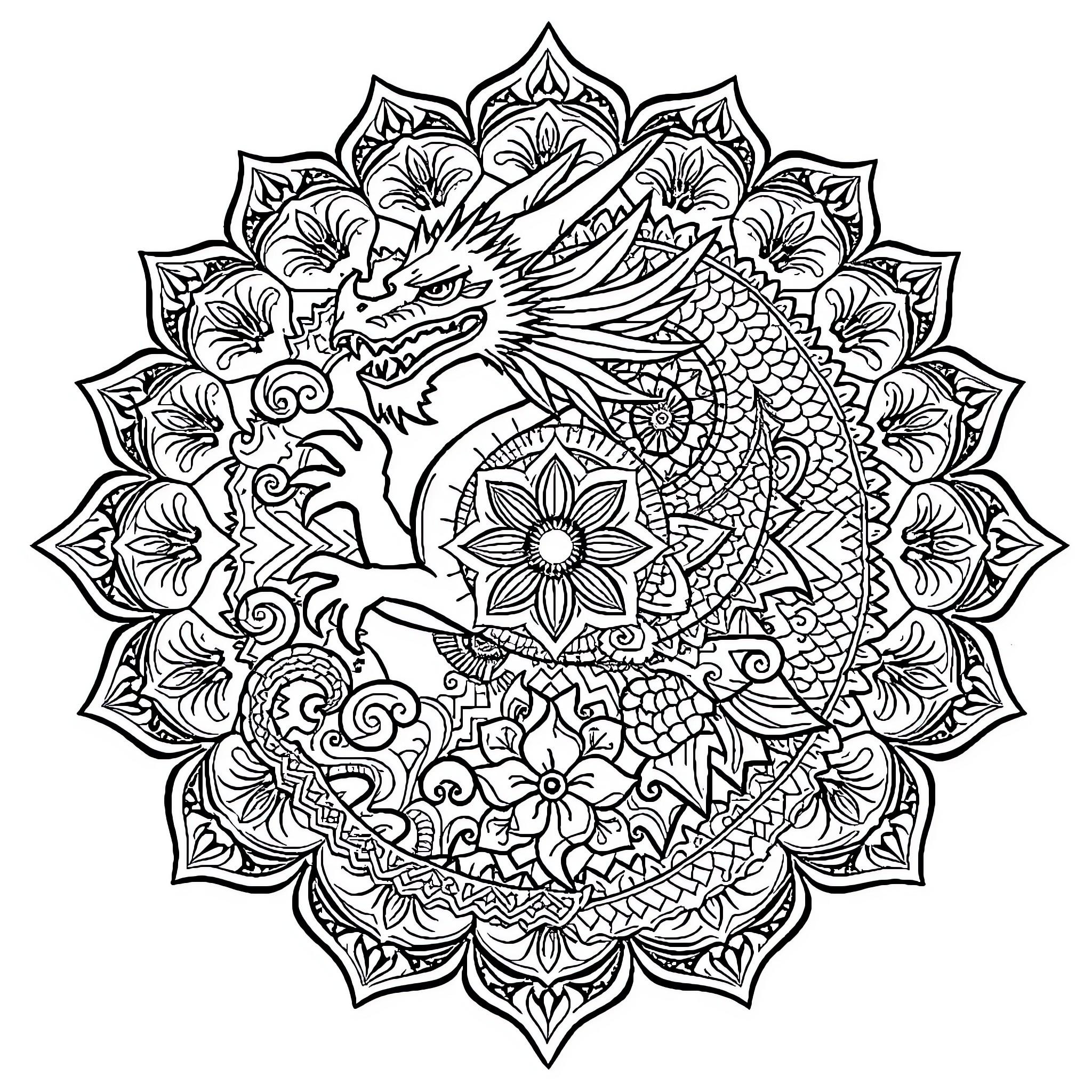 Dragon Mandala with Intricate Floral Patterns Coloring Page (free black-and-white line drawing printable PDF for all, from beginners to advanced learners, including children, teens, adults, and seniors)